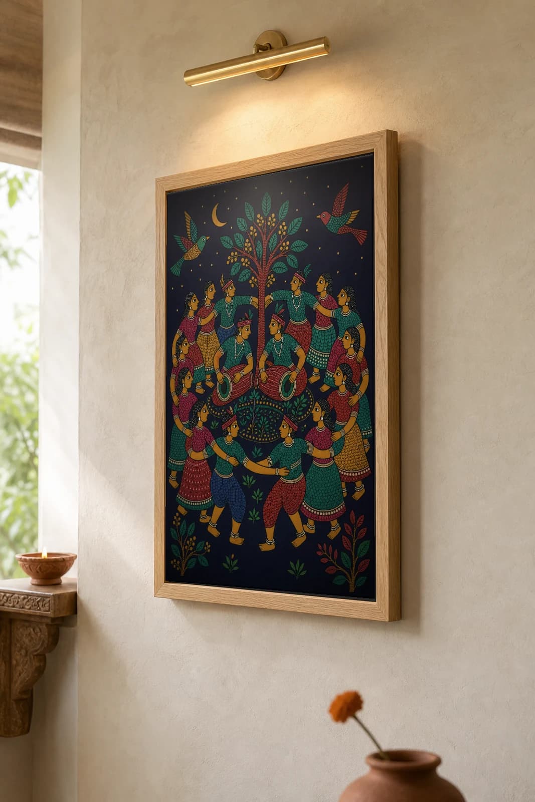 Karma Dance Night Gond Art Print — Pradhan Gond Jangarh Kalam folk art · collector A2 · Madhya Pradesh — the framed print shown at a three-quarter angle on a styled gallery wall in a natural-oak frame