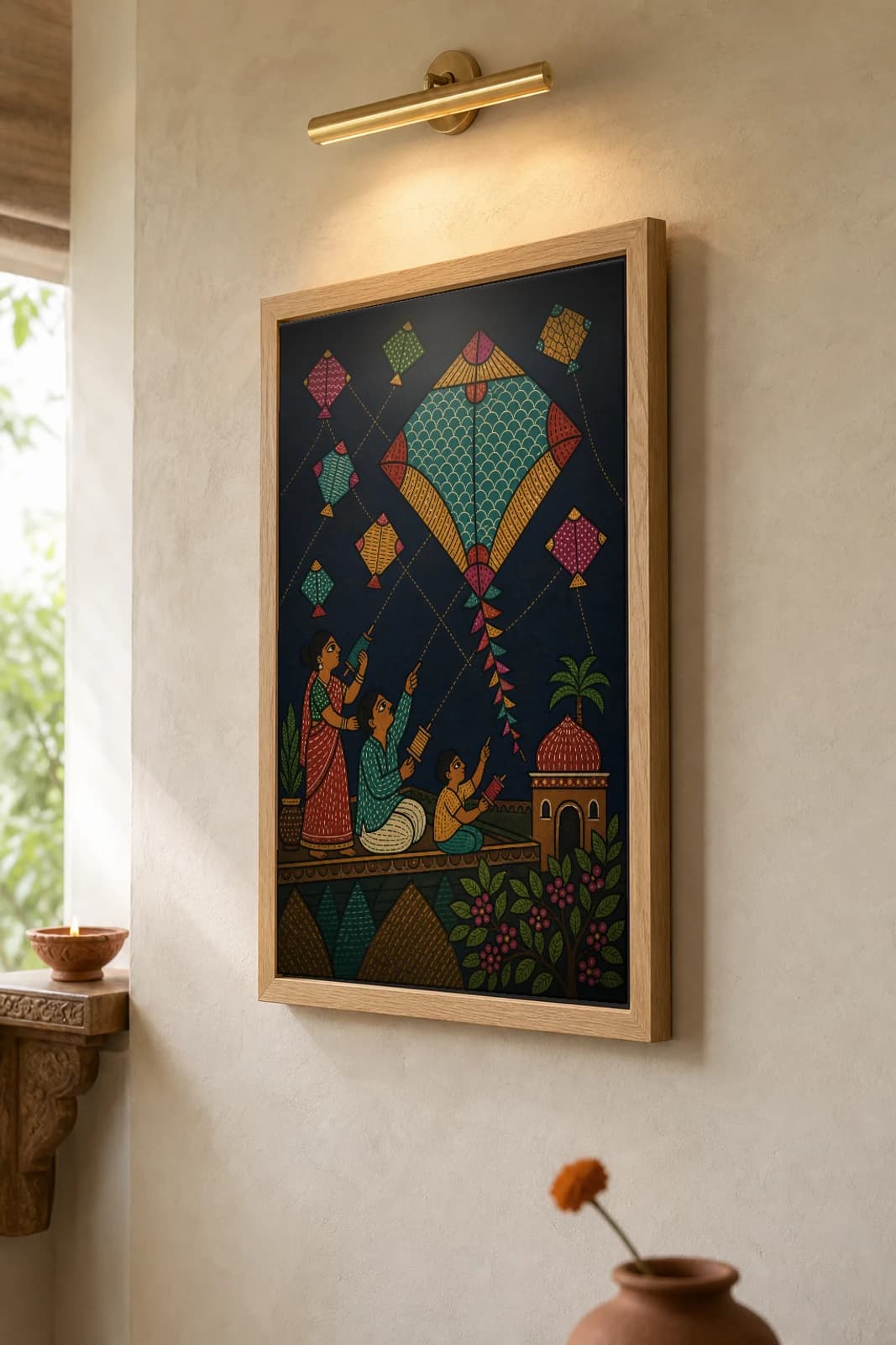 Kite Terrace Gond Art Print — Pradhan Gond Jangarh Kalam folk art · collector A2 · Madhya Pradesh — the framed print shown at a three-quarter angle on a styled gallery wall in a natural-oak frame