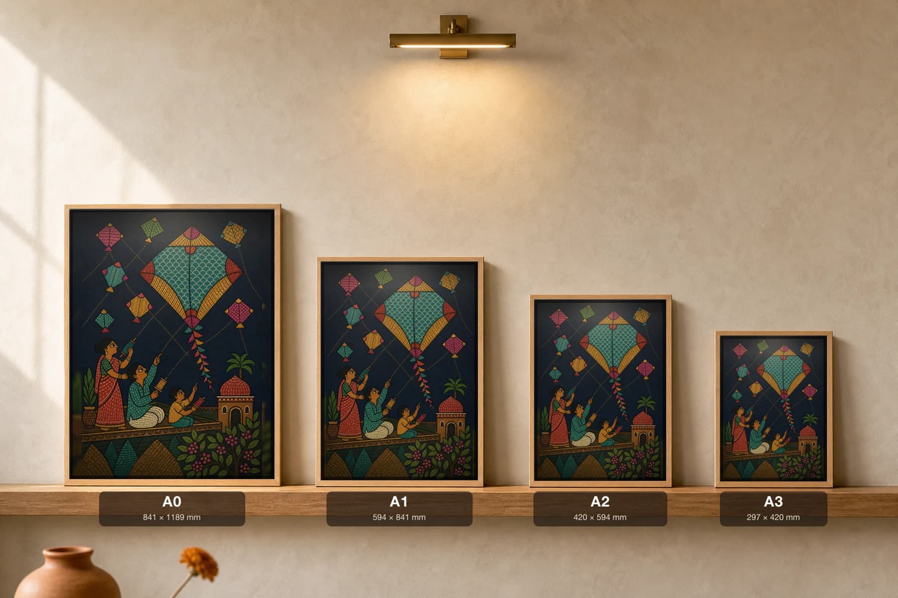 Kite Terrace Gond Art Print — Pradhan Gond Jangarh Kalam folk art · collector A2 · Madhya Pradesh — print size guide showing the artwork at A0, A1, A2 and A3 in natural-oak frames at true relative scale
