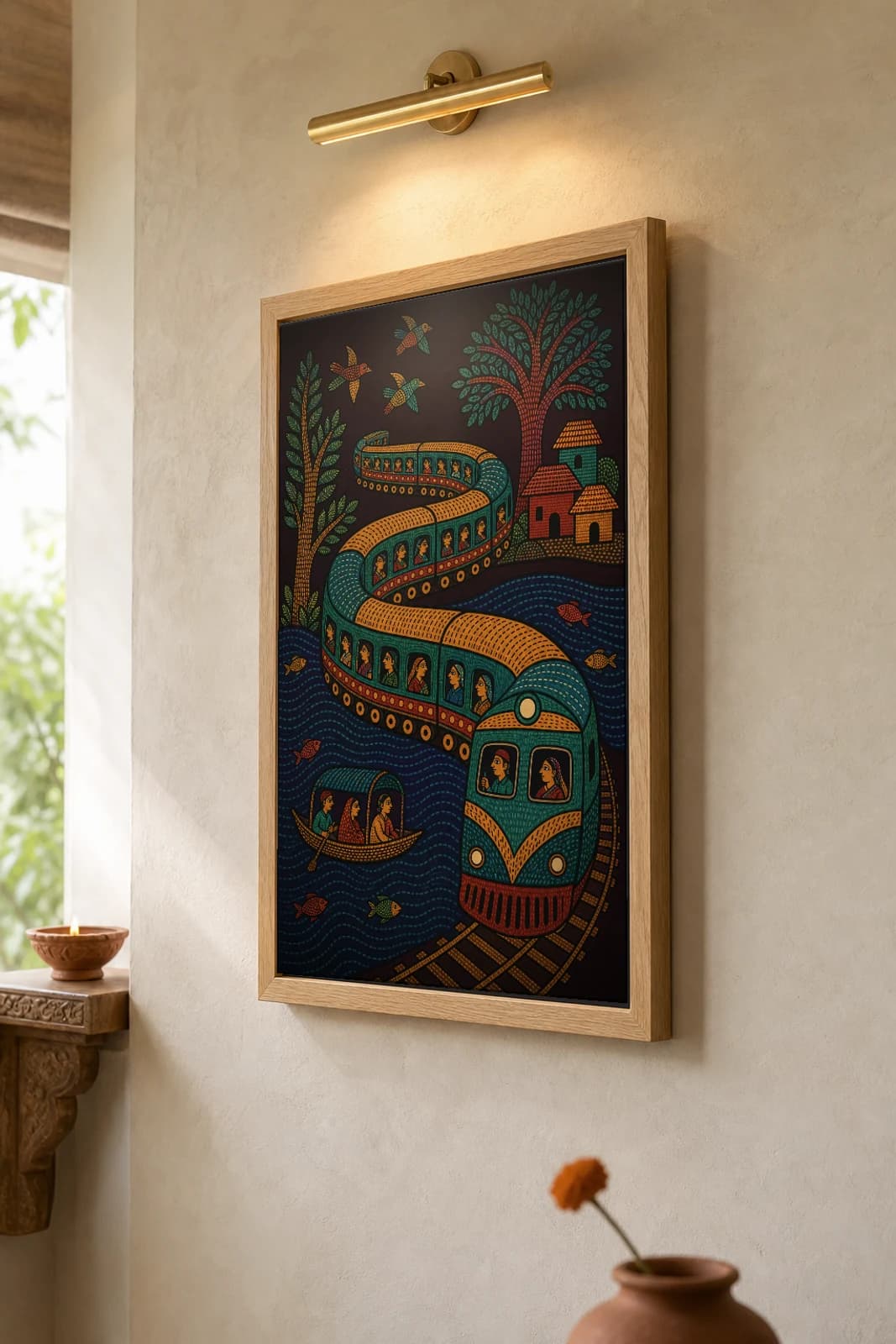 The Local Serpent Gond Art Print — Pradhan Gond Jangarh Kalam folk art · collector A2 · Madhya Pradesh — the framed print shown at a three-quarter angle on a styled gallery wall in a natural-oak frame