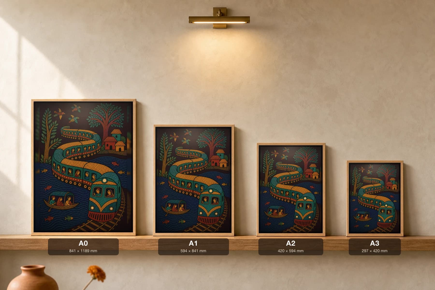 The Local Serpent Gond Art Print — Pradhan Gond Jangarh Kalam folk art · collector A2 · Madhya Pradesh — print size guide showing the artwork at A0, A1, A2 and A3 in natural-oak frames at true relative scale