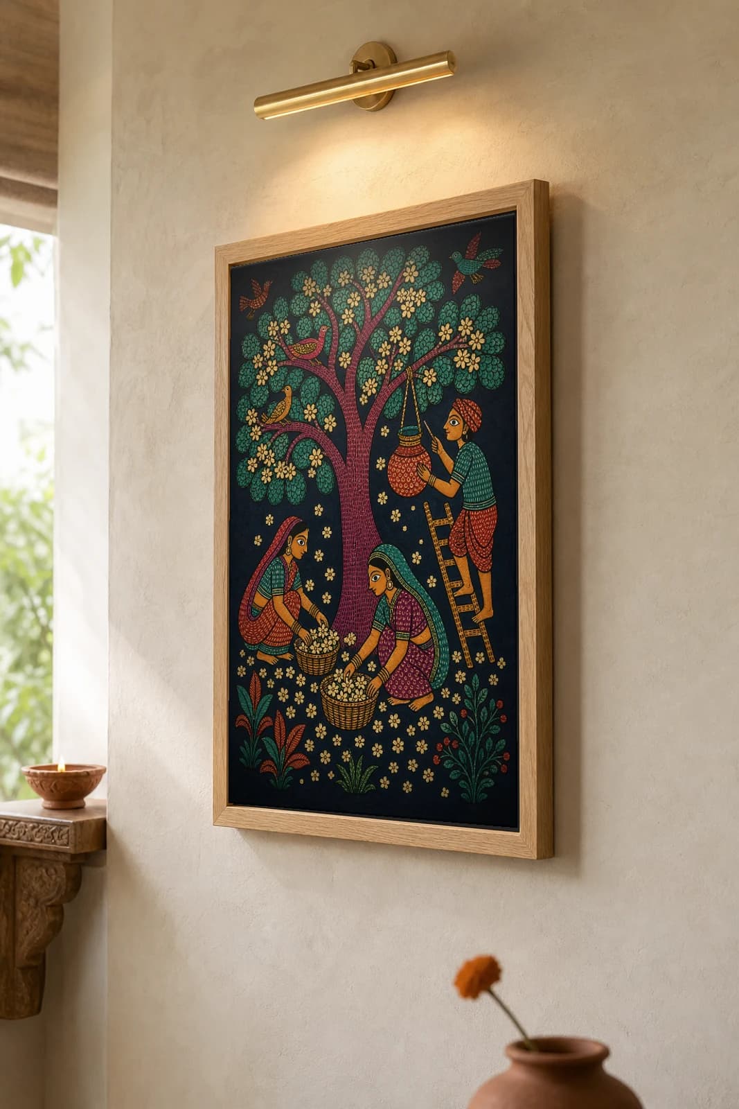 Mahua Gathering Gond Art Print — Pradhan Gond Jangarh Kalam folk art · collector A2 · Madhya Pradesh — the framed print shown at a three-quarter angle on a styled gallery wall in a natural-oak frame