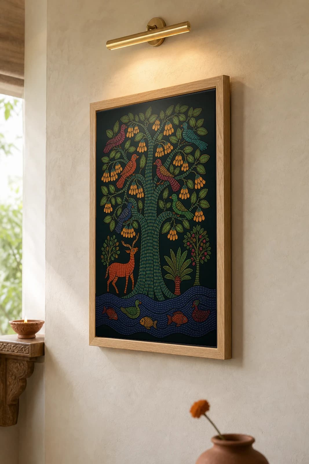 Mahua Tree of Life Gond Art Print — Pradhan Gond Jangarh Kalam folk art · collector A2 · Madhya Pradesh — the framed print shown at a three-quarter angle on a styled gallery wall in a natural-oak frame