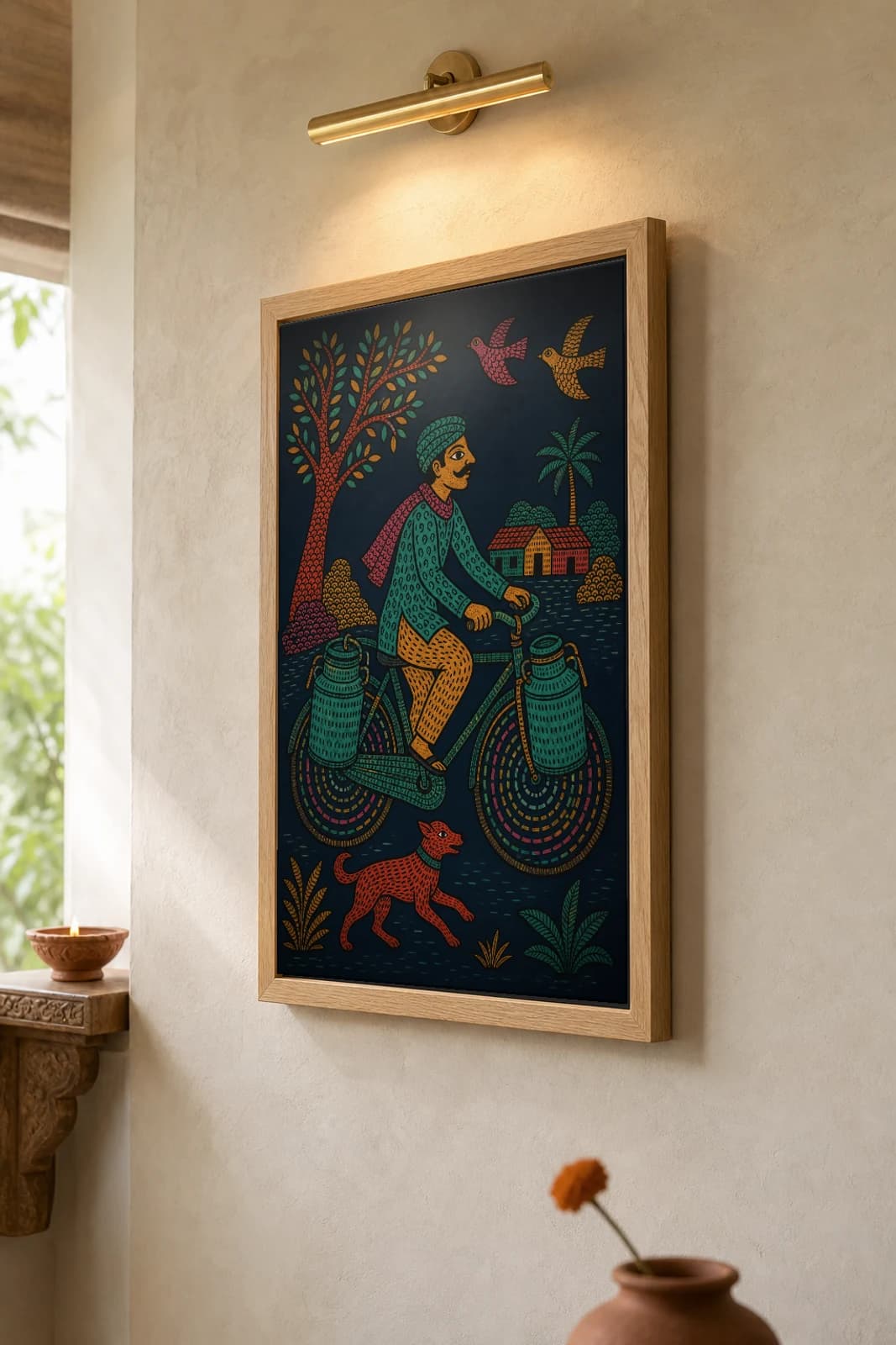 Milkman's Cycle Gond Art Print — Pradhan Gond Jangarh Kalam folk art · collector A2 · Madhya Pradesh — the framed print shown at a three-quarter angle on a styled gallery wall in a natural-oak frame