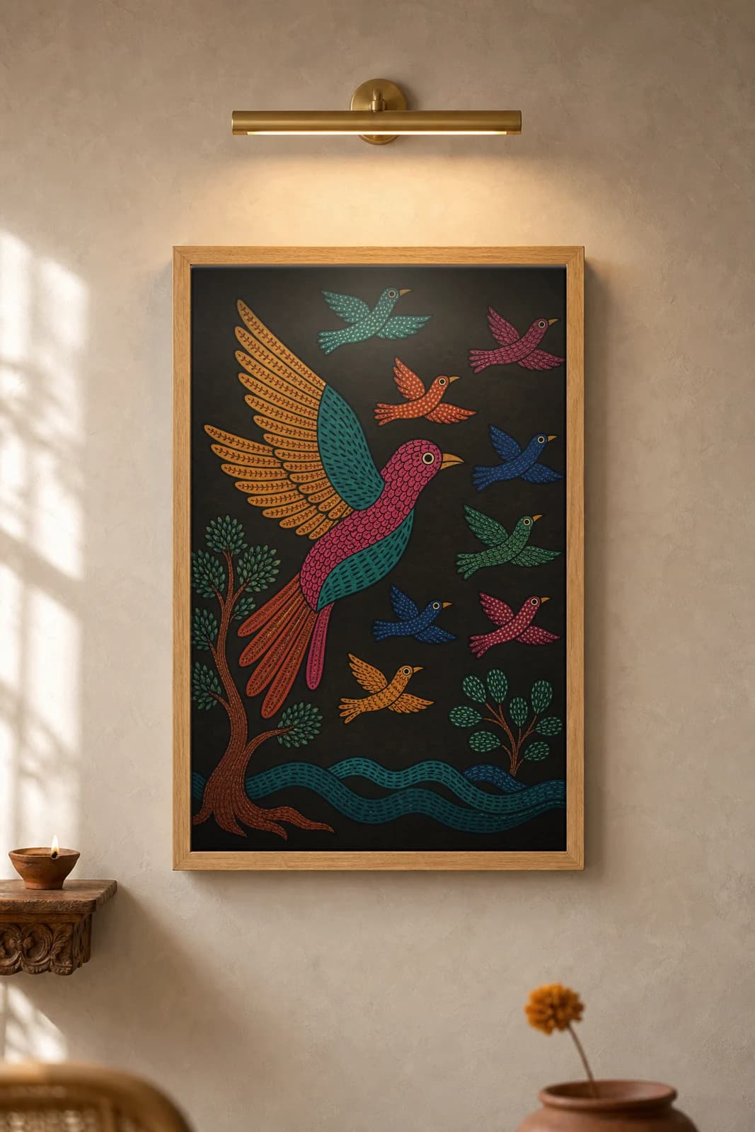 Morning Flock — framed museum print, Gond