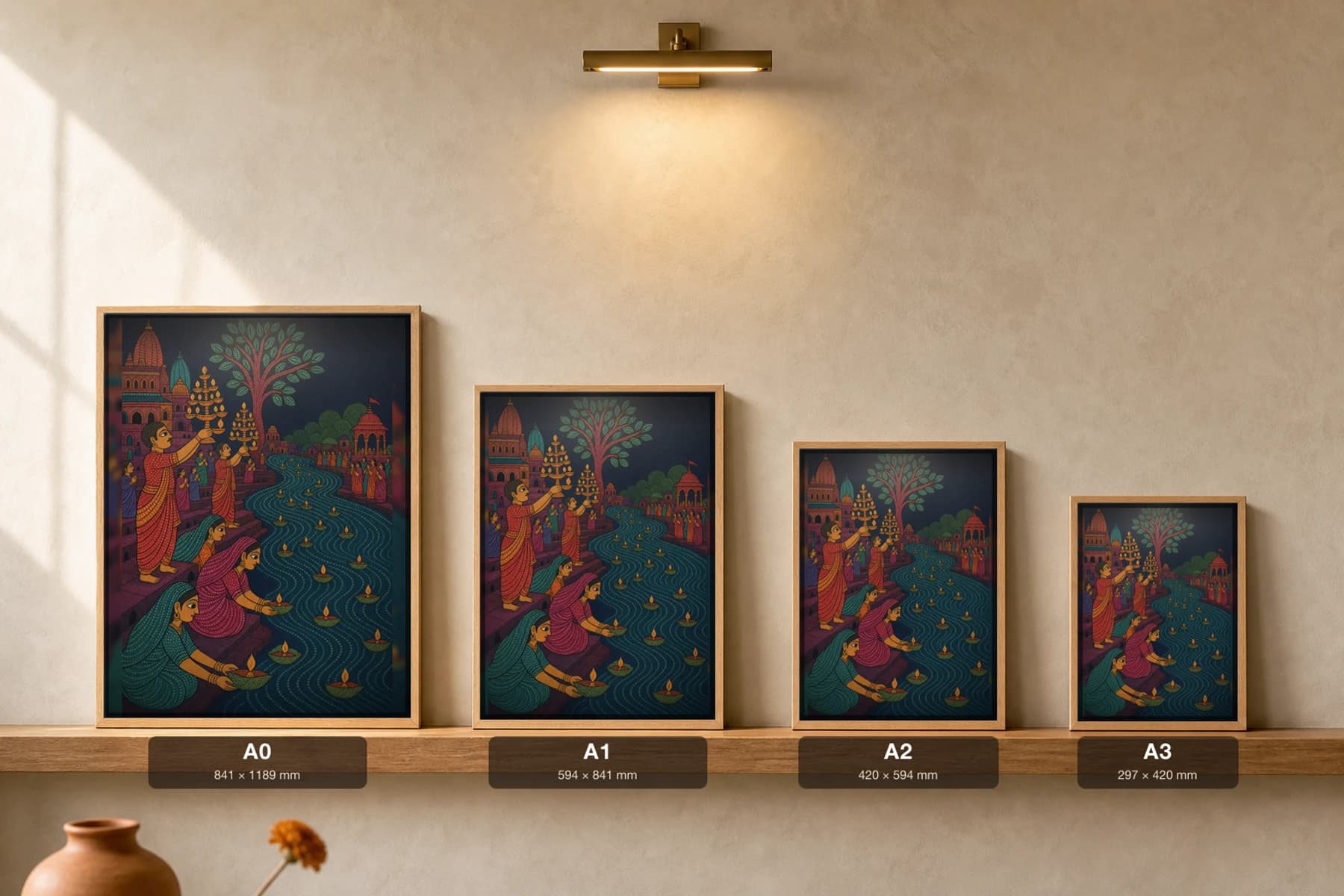 Narmada Ghat Aarti Gond Art Print — Pradhan Gond Jangarh Kalam folk art · collector A2 · Madhya Pradesh riverside diya offering at dusk — print size guide showing the artwork at A0, A1, A2 and A3 in natural-oak frames at true relative scale