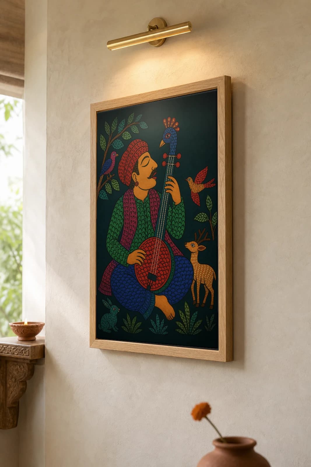 Bana Fiddle Singer Gond Art Print — Pradhan Gond Jangarh Kalam folk art · collector A2 · Madhya Pradesh Pardhan bard with his peacock-headed fiddle — the framed print shown at a three-quarter angle on a styled gallery wall in a natural-oak frame