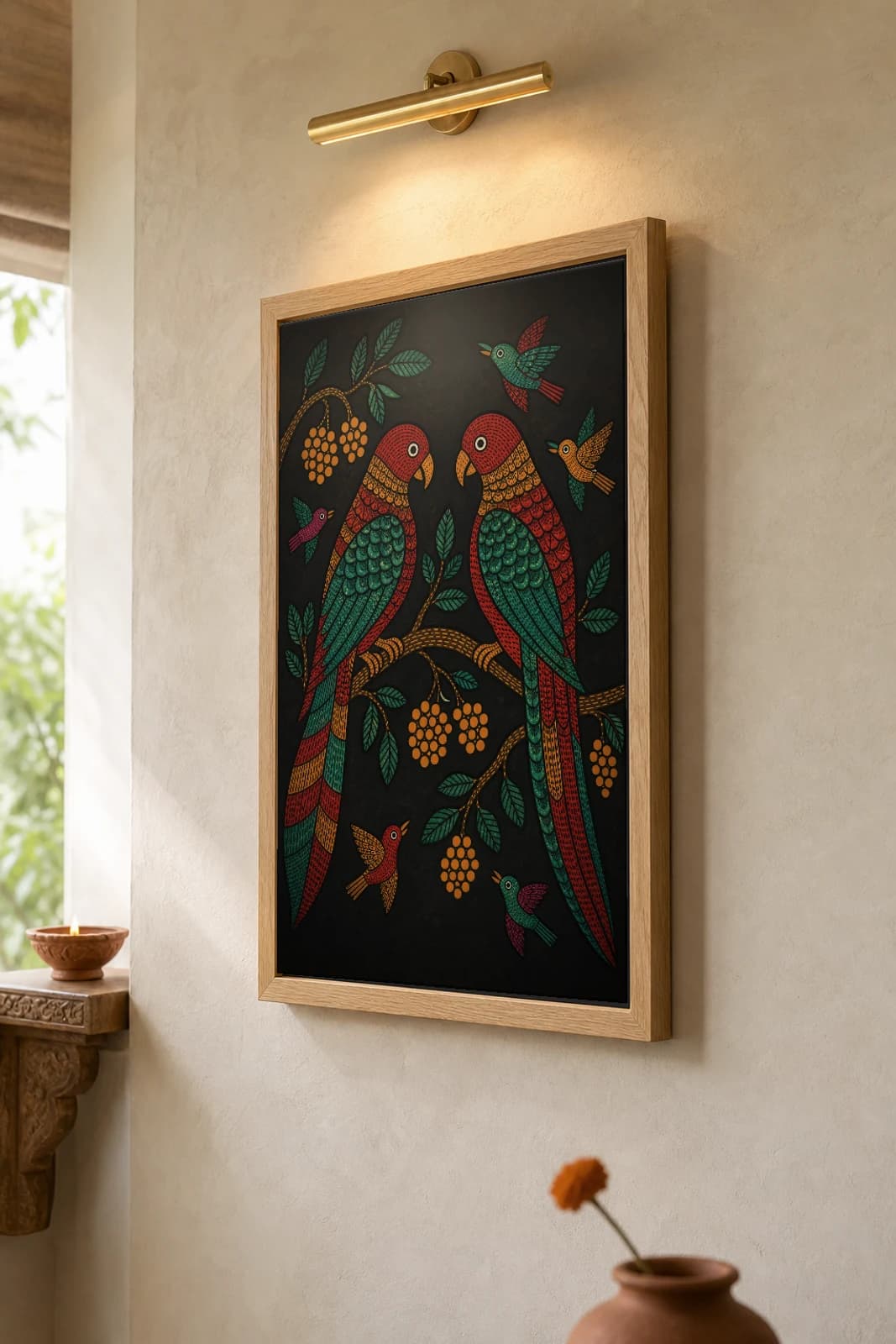 Parrot Pair Gond Art Print — Pradhan Gond Jangarh Kalam folk art · collector A2 · Madhya Pradesh two parrots facing on a berried branch — the framed print shown at a three-quarter angle on a styled gallery wall in a natural-oak frame