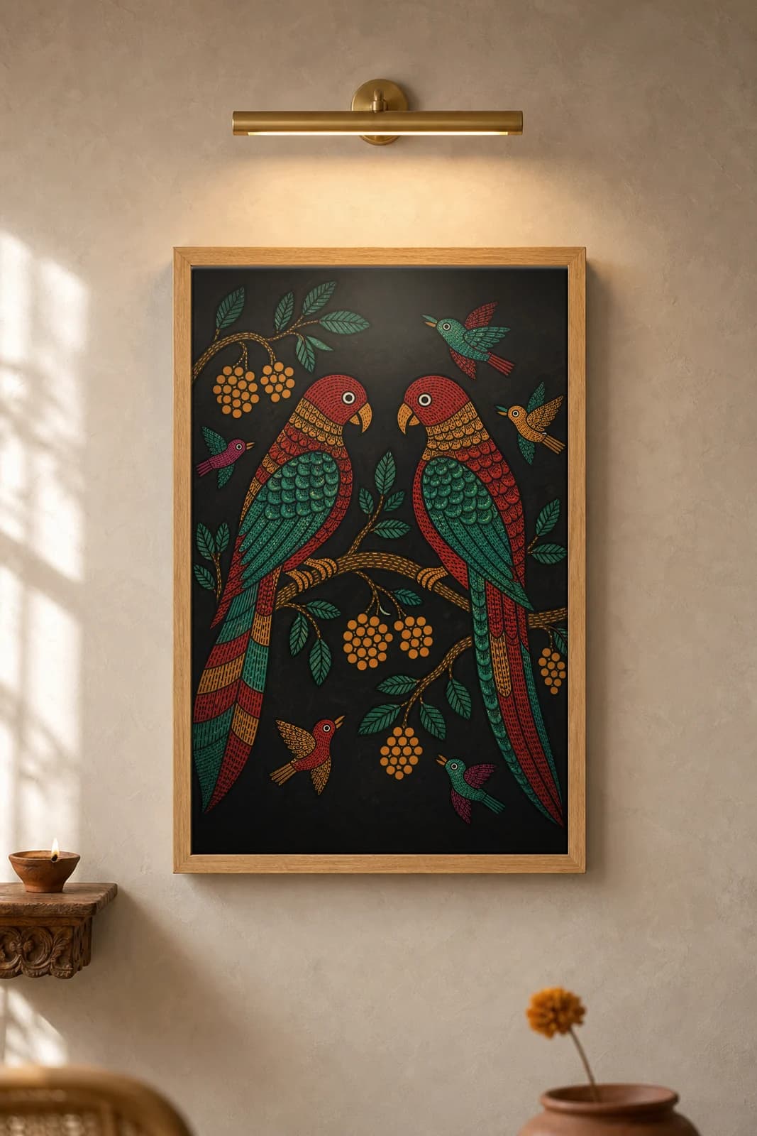 Parrot Pair — framed museum print, Gond