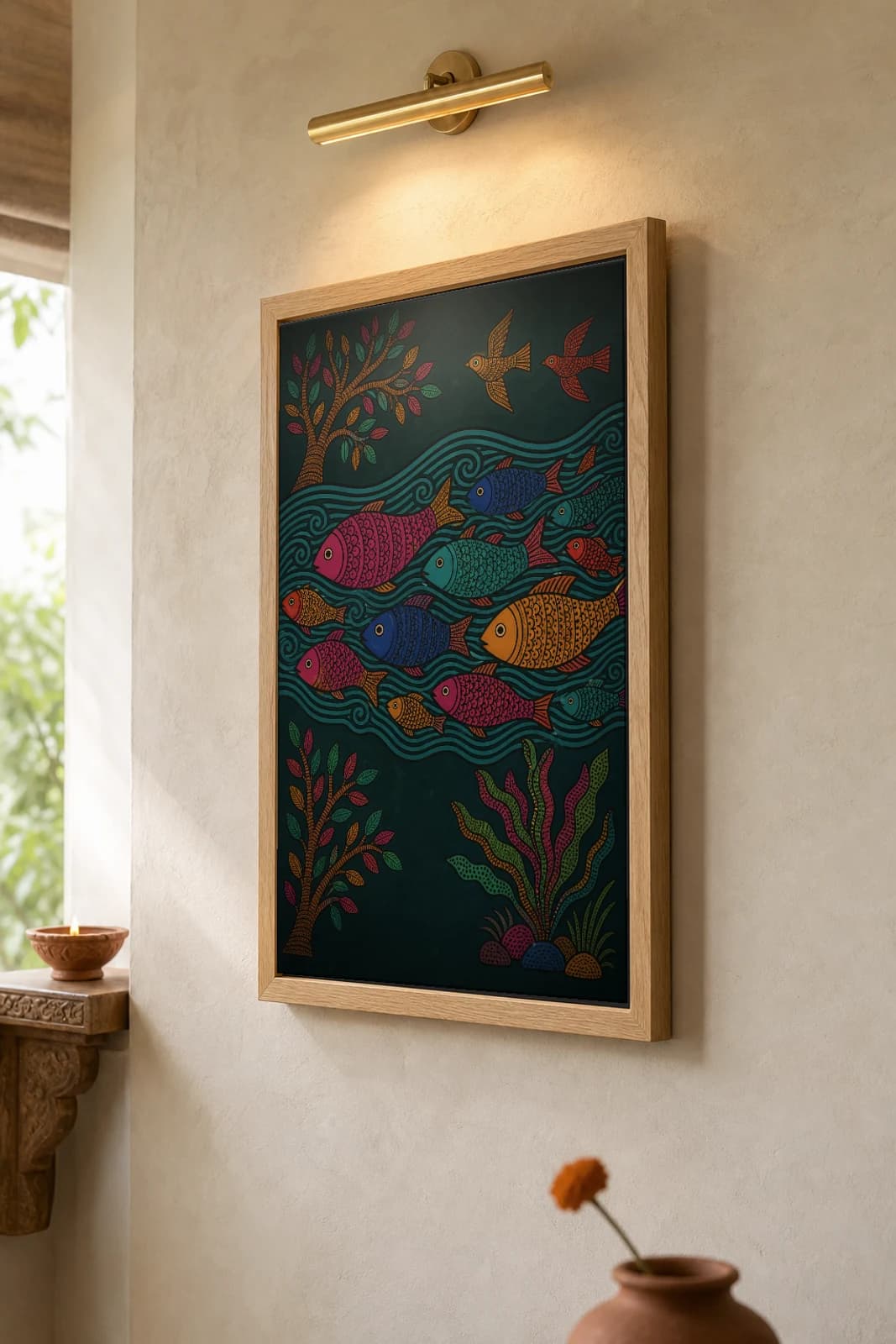 River of Fish Gond Art Print — Pradhan Gond Jangarh Kalam folk art · collector A2 · Madhya Pradesh school of fish in a flowing current — the framed print shown at a three-quarter angle on a styled gallery wall in a natural-oak frame