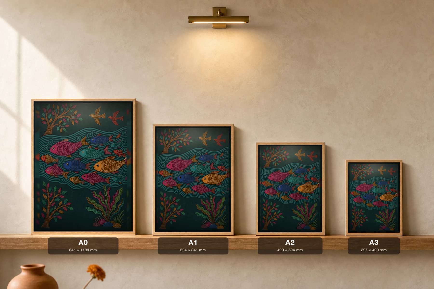 River of Fish Gond Art Print — Pradhan Gond Jangarh Kalam folk art · collector A2 · Madhya Pradesh school of fish in a flowing current — print size guide showing the artwork at A0, A1, A2 and A3 in natural-oak frames at true relative scale