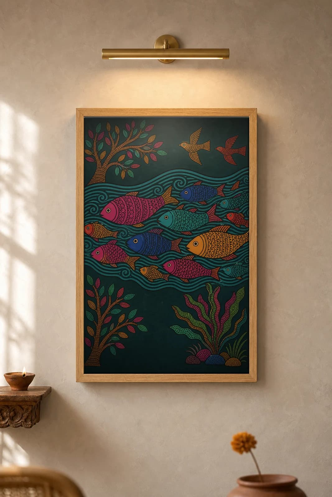 River of Fish — framed museum print, Gond
