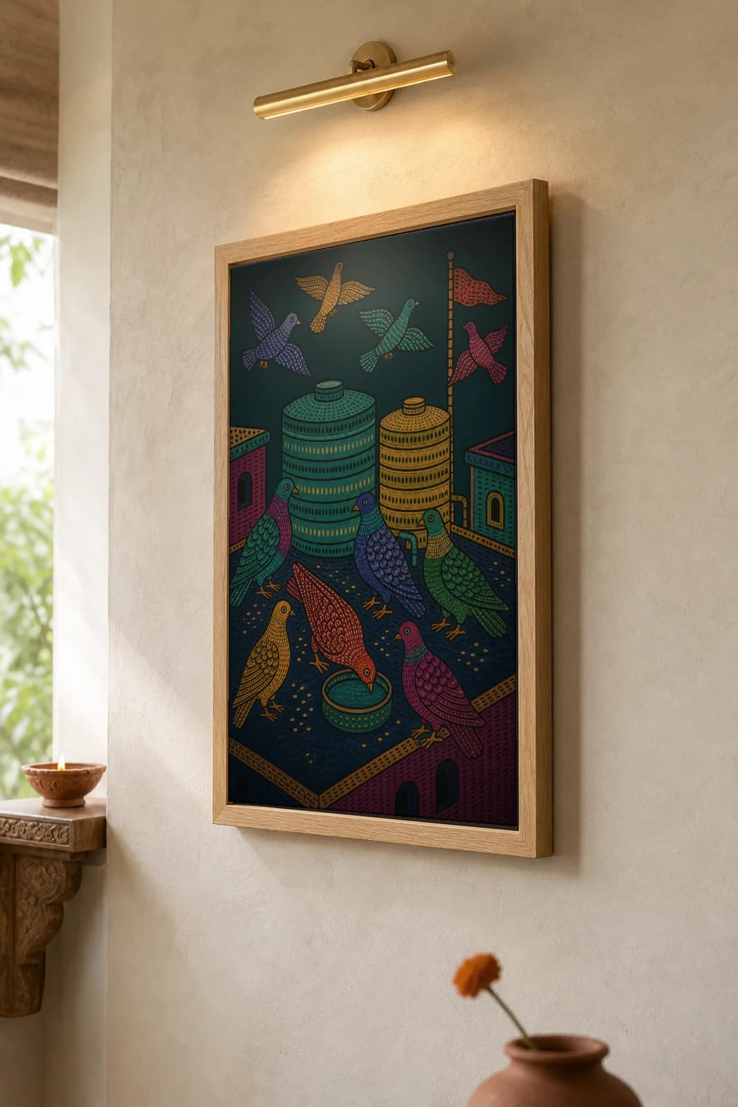 Rooftop Pigeons Gond Art Print — Pradhan Gond Jangarh Kalam folk art · collector A2 · Madhya Pradesh pigeons on a terrace among water tanks — the framed print shown at a three-quarter angle on a styled gallery wall in a natural-oak frame