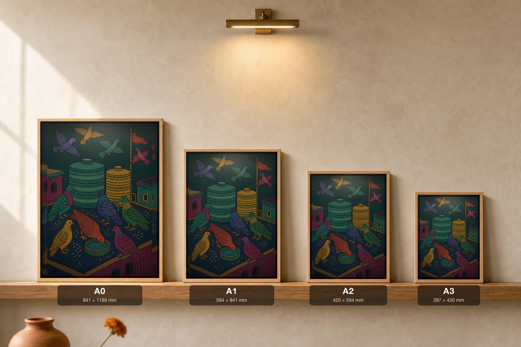 Rooftop Pigeons Gond Art Print — Pradhan Gond Jangarh Kalam folk art · collector A2 · Madhya Pradesh pigeons on a terrace among water tanks — print size guide showing the artwork at A0, A1, A2 and A3 in natural-oak frames at true relative scale