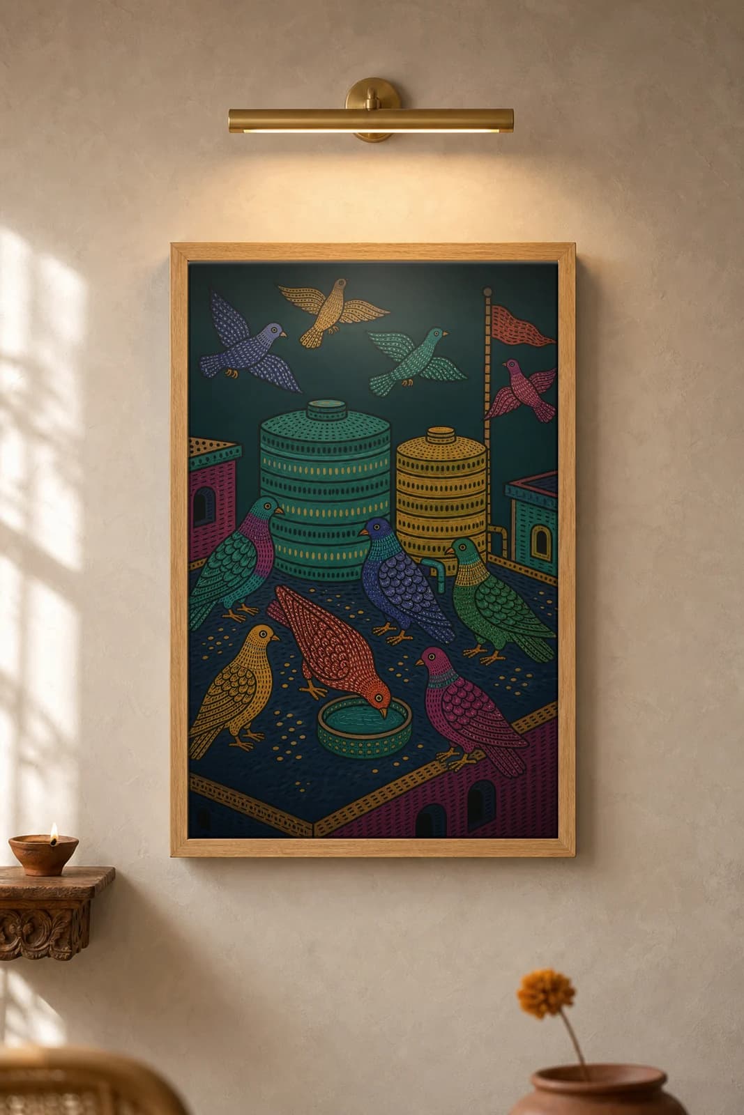 Rooftop Pigeons — framed museum print, Gond