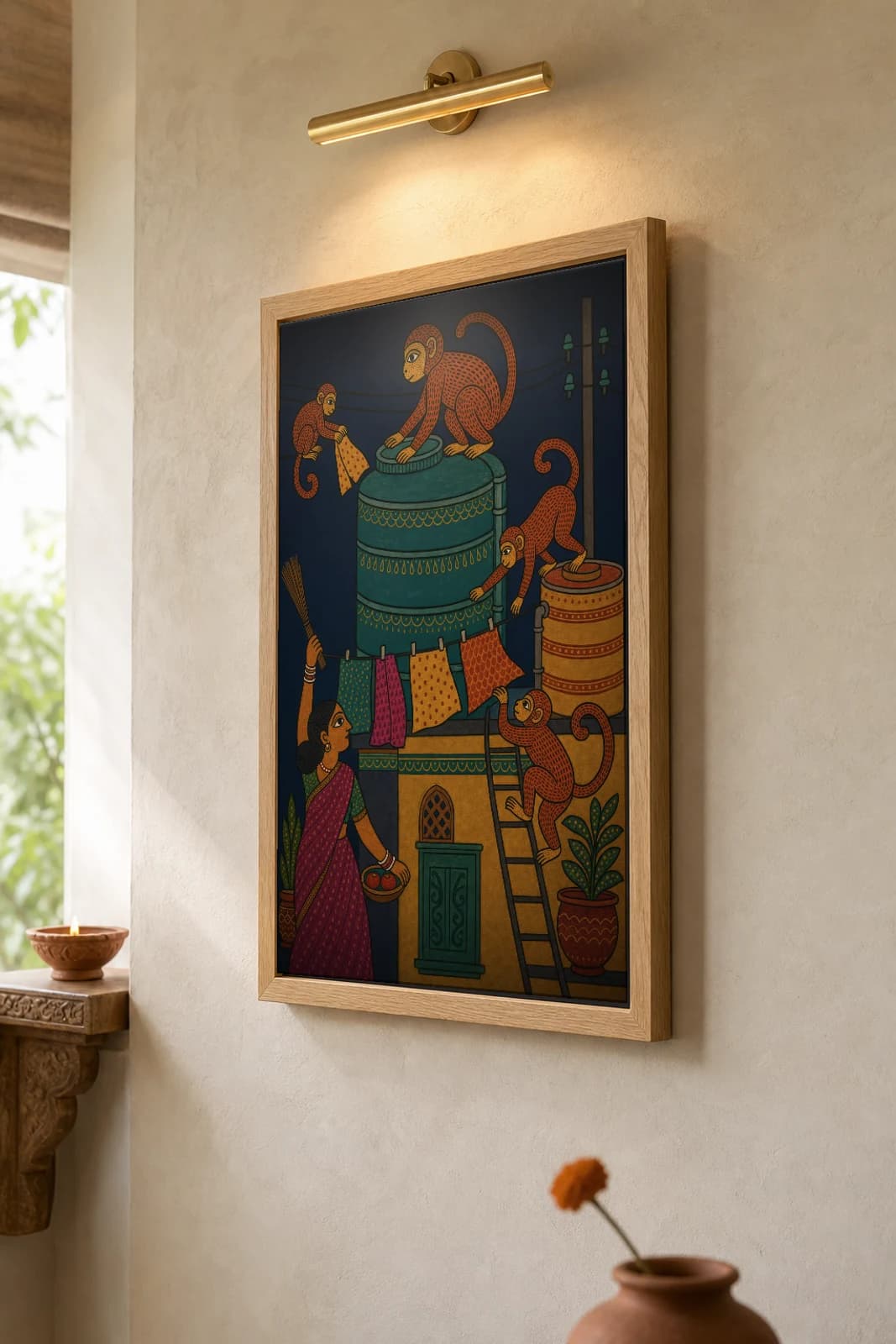 Rooftop Monkeys Gond Art Print — Pradhan Gond Jangarh Kalam folk art · collector A2 · Madhya Pradesh monkeys raiding a terrace clothesline — the framed print shown at a three-quarter angle on a styled gallery wall in a natural-oak frame