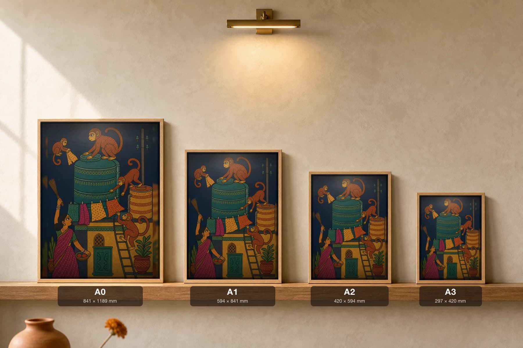 Rooftop Monkeys Gond Art Print — Pradhan Gond Jangarh Kalam folk art · collector A2 · Madhya Pradesh monkeys raiding a terrace clothesline — print size guide showing the artwork at A0, A1, A2 and A3 in natural-oak frames at true relative scale