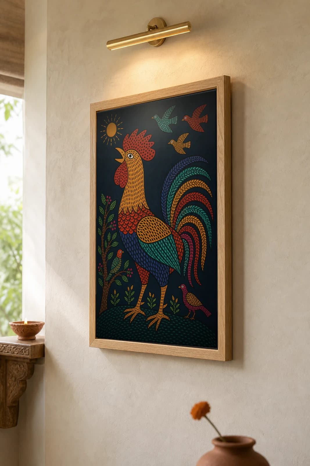 Rooster at Dawn Gond Art Print — Pradhan Gond Jangarh Kalam folk art · collector A2 · Madhya Pradesh crowing rooster under a rayed sun — the framed print shown at a three-quarter angle on a styled gallery wall in a natural-oak frame