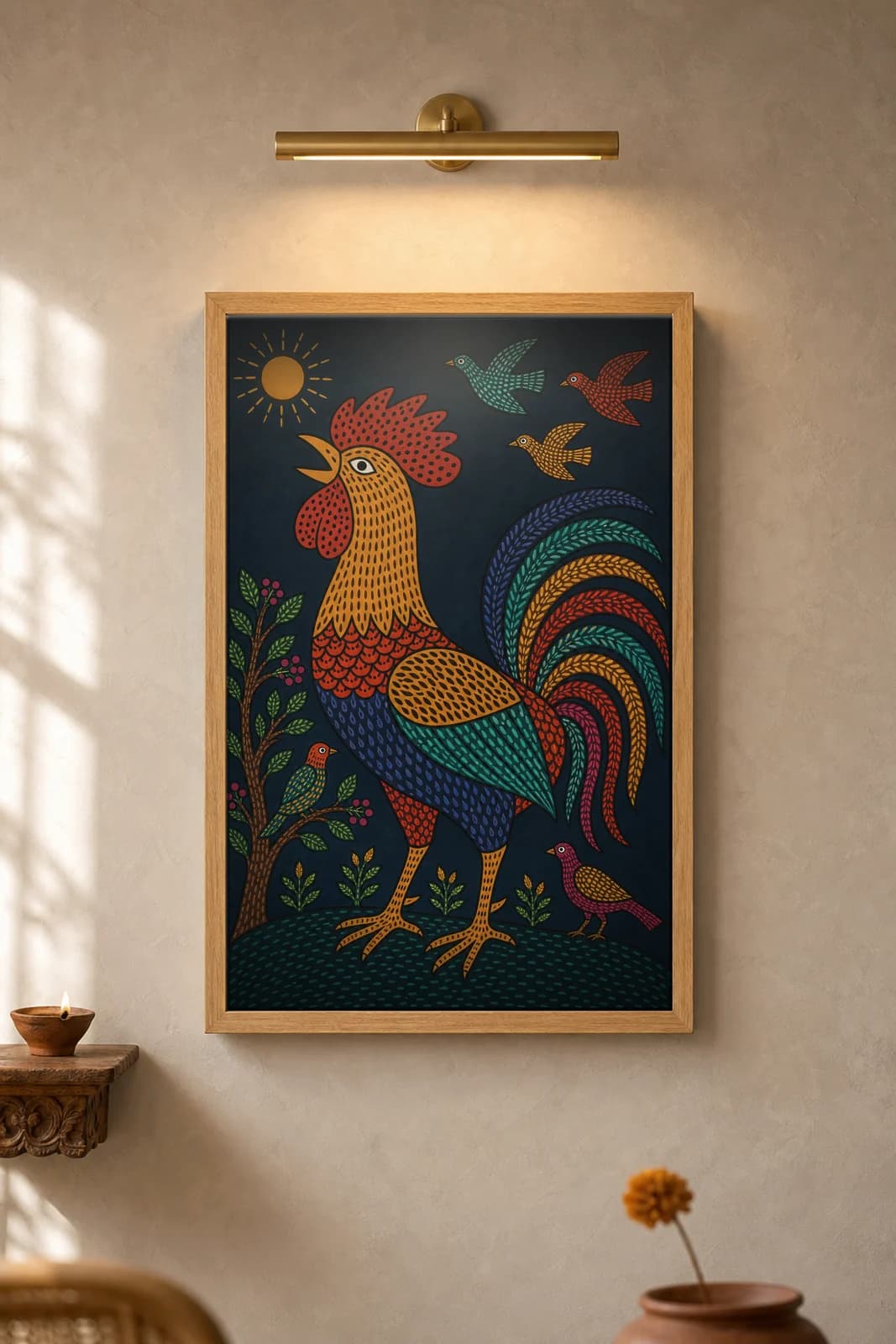 Rooster at Dawn — framed museum print, Gond