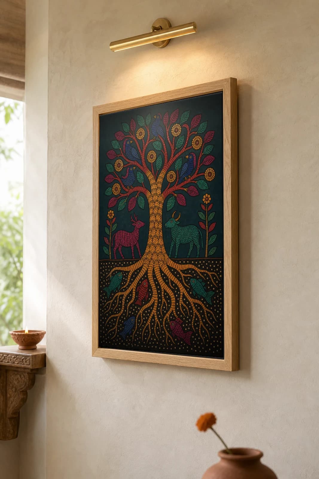 Root to Canopy Gond Art Print — Pradhan Gond Jangarh Kalam folk art · collector A2 · Madhya Pradesh tree of life from root-fish to canopy-birds — the framed print shown at a three-quarter angle on a styled gallery wall in a natural-oak frame