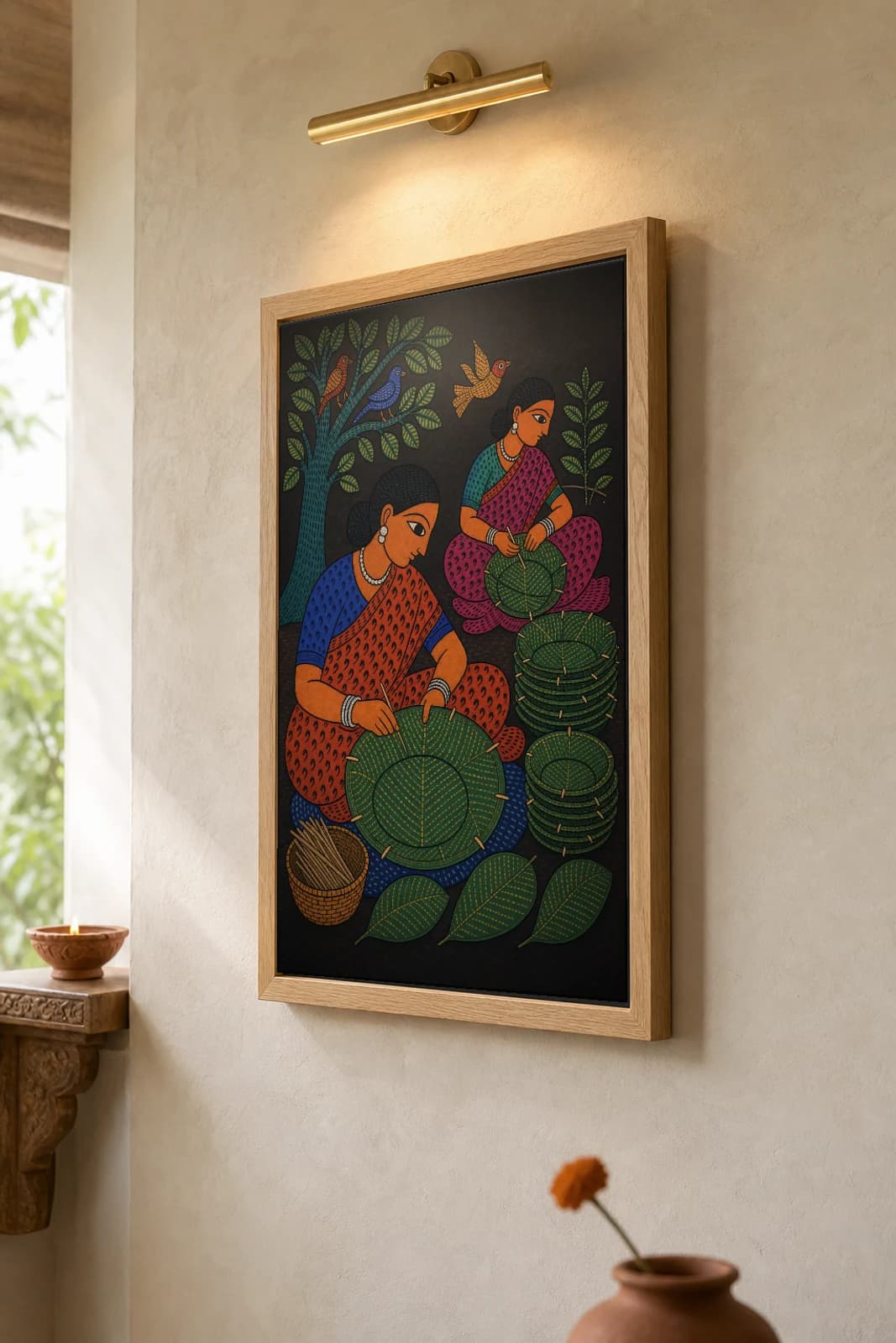 Sal-Leaf Plates Gond Art Print — Pradhan Gond Jangarh Kalam folk art · collector A2 · Madhya Pradesh women stitching donas and pattals from sal leaves — the framed print shown at a three-quarter angle on a styled gallery wall in a natural-oak frame