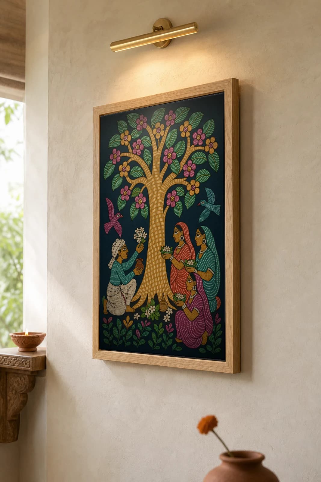 Sarhul Grove Gond Art Print — Pradhan Gond Jangarh Kalam folk art · collector A2 · Madhya Pradesh sal-blossom grove worship — the framed print shown at a three-quarter angle on a styled gallery wall in a natural-oak frame