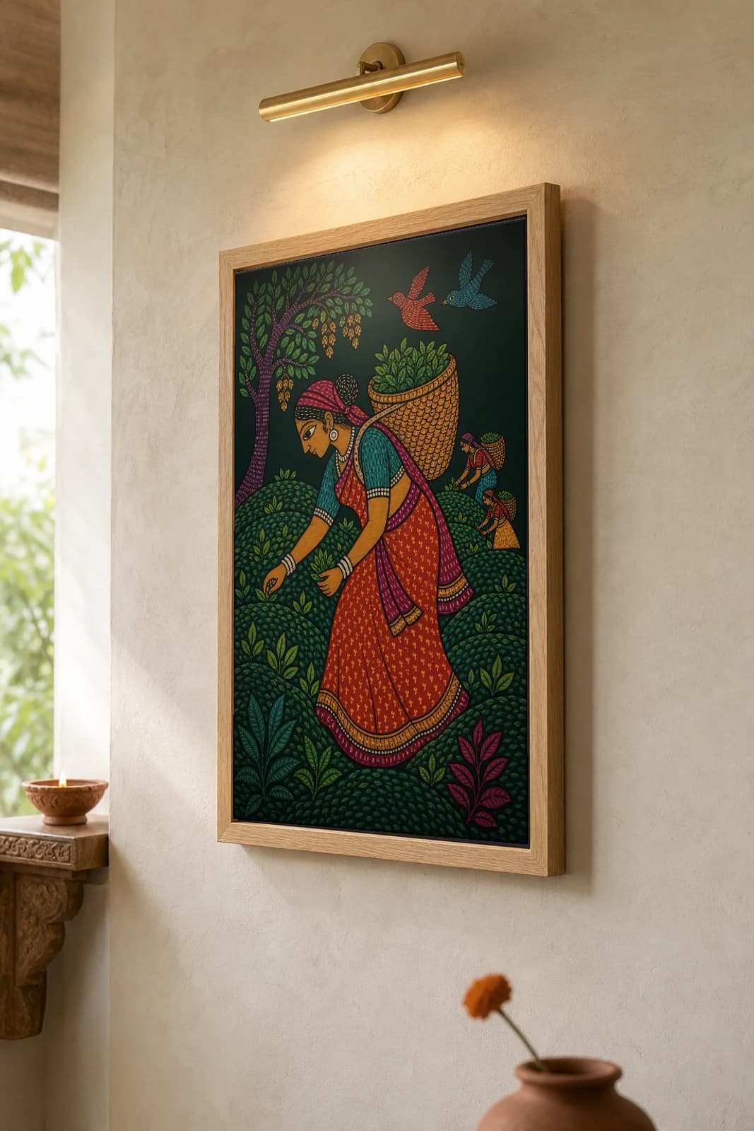 Tea Garden Pluckers Gond Art Print — Pradhan Gond Jangarh Kalam folk art · collector A2 · Madhya Pradesh women picking tea with back-baskets — the framed print shown at a three-quarter angle on a styled gallery wall in a natural-oak frame