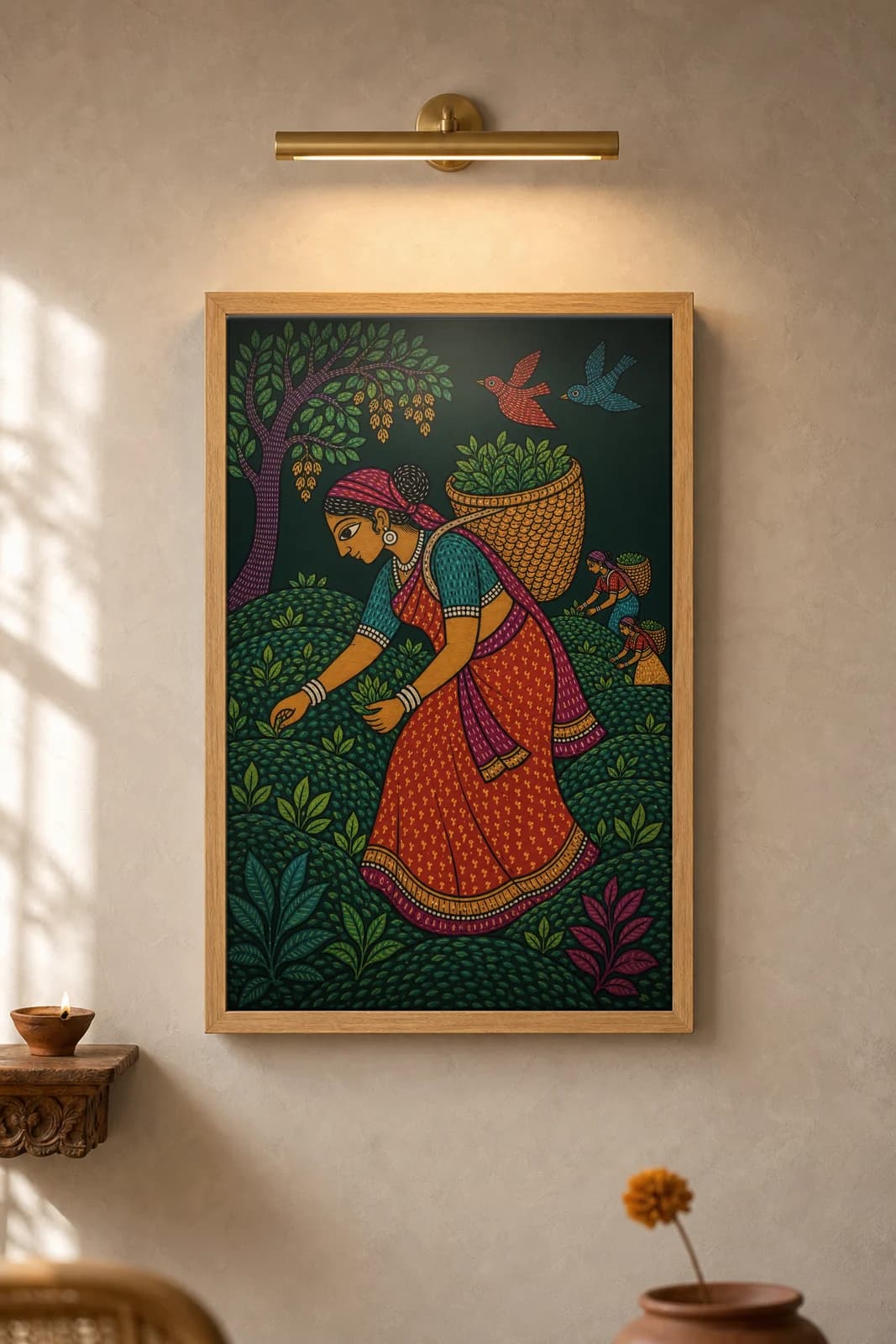 Tea Garden Pluckers — framed museum print, Gond