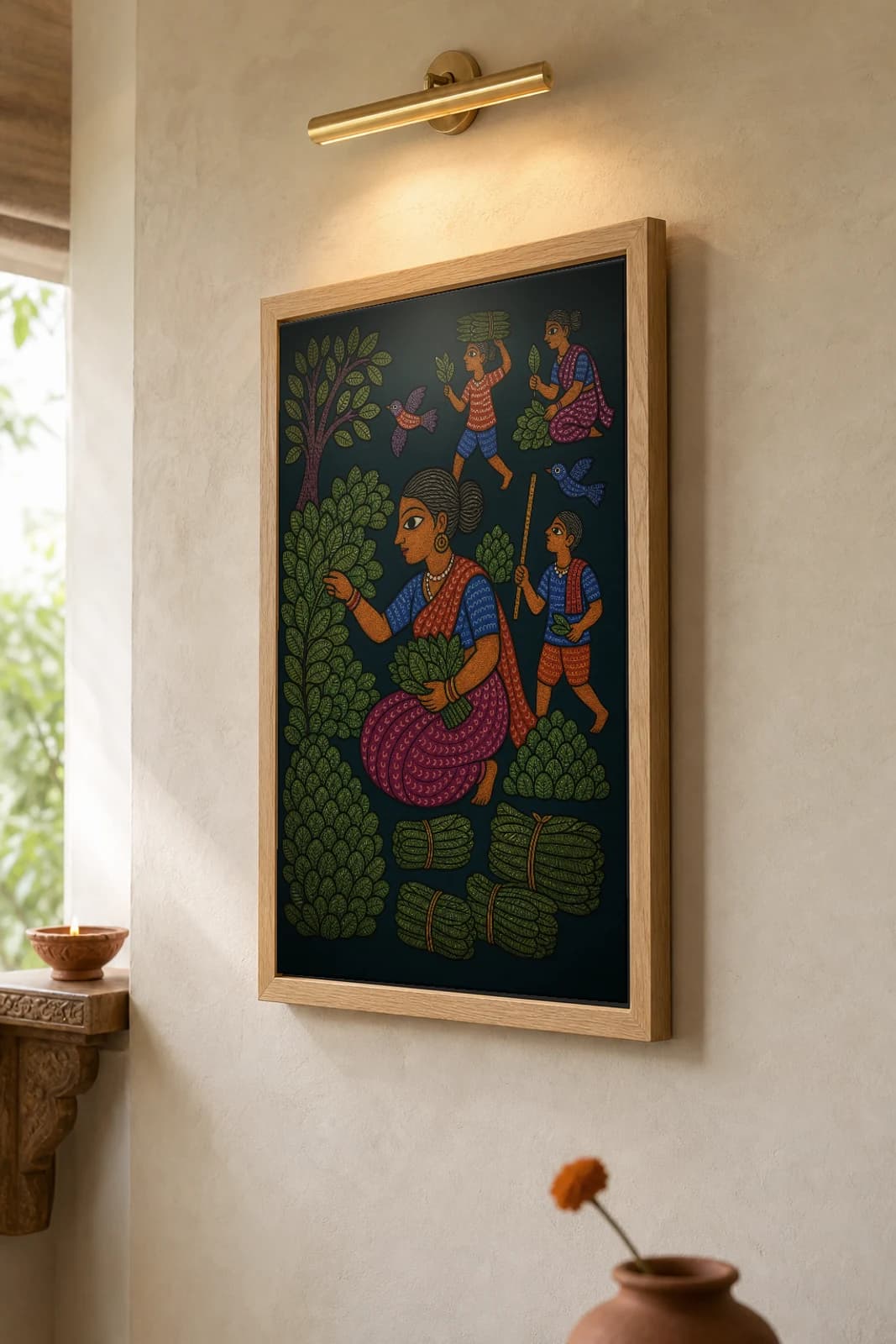 Tendu Leaf Pickers Gond Art Print — Pradhan Gond Jangarh Kalam folk art · collector A2 · Madhya Pradesh family gathering and bundling tendu leaves — the framed print shown at a three-quarter angle on a styled gallery wall in a natural-oak frame