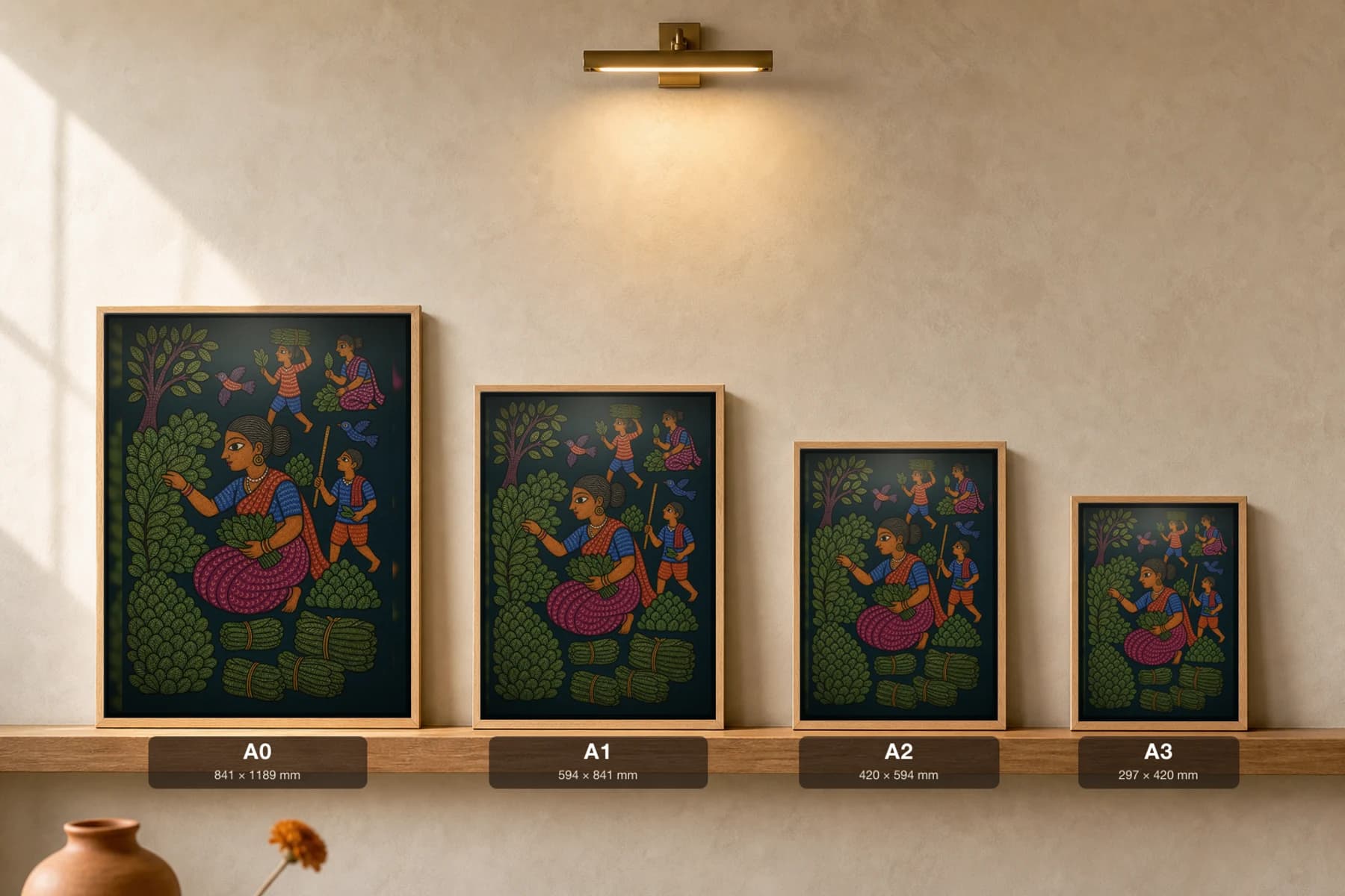 Tendu Leaf Pickers Gond Art Print — Pradhan Gond Jangarh Kalam folk art · collector A2 · Madhya Pradesh family gathering and bundling tendu leaves — print size guide showing the artwork at A0, A1, A2 and A3 in natural-oak frames at true relative scale