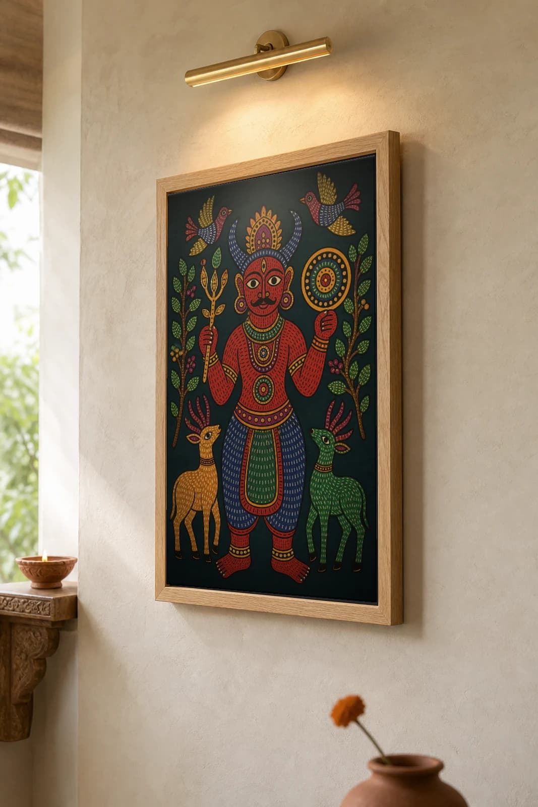 Thakur Dev Gond Art Print — Pradhan Gond Jangarh Kalam folk art · collector A2 · Madhya Pradesh Gond village guardian deity — the framed print shown at a three-quarter angle on a styled gallery wall in a natural-oak frame