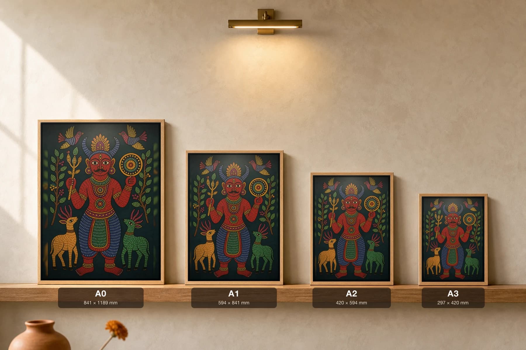 Thakur Dev Gond Art Print — Pradhan Gond Jangarh Kalam folk art · collector A2 · Madhya Pradesh Gond village guardian deity — print size guide showing the artwork at A0, A1, A2 and A3 in natural-oak frames at true relative scale