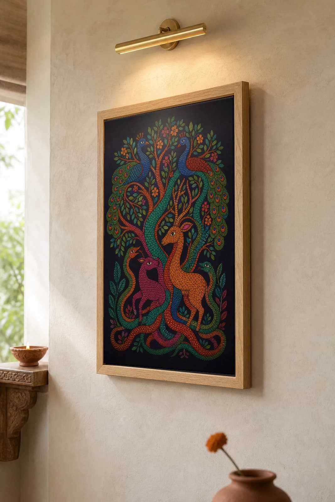 Tree of Creatures Gond Art Print — Pradhan Gond Jangarh Kalam folk art · collector A2 · Madhya Pradesh interlocked tree of peacocks, deer and serpents — the framed print shown at a three-quarter angle on a styled gallery wall in a natural-oak frame
