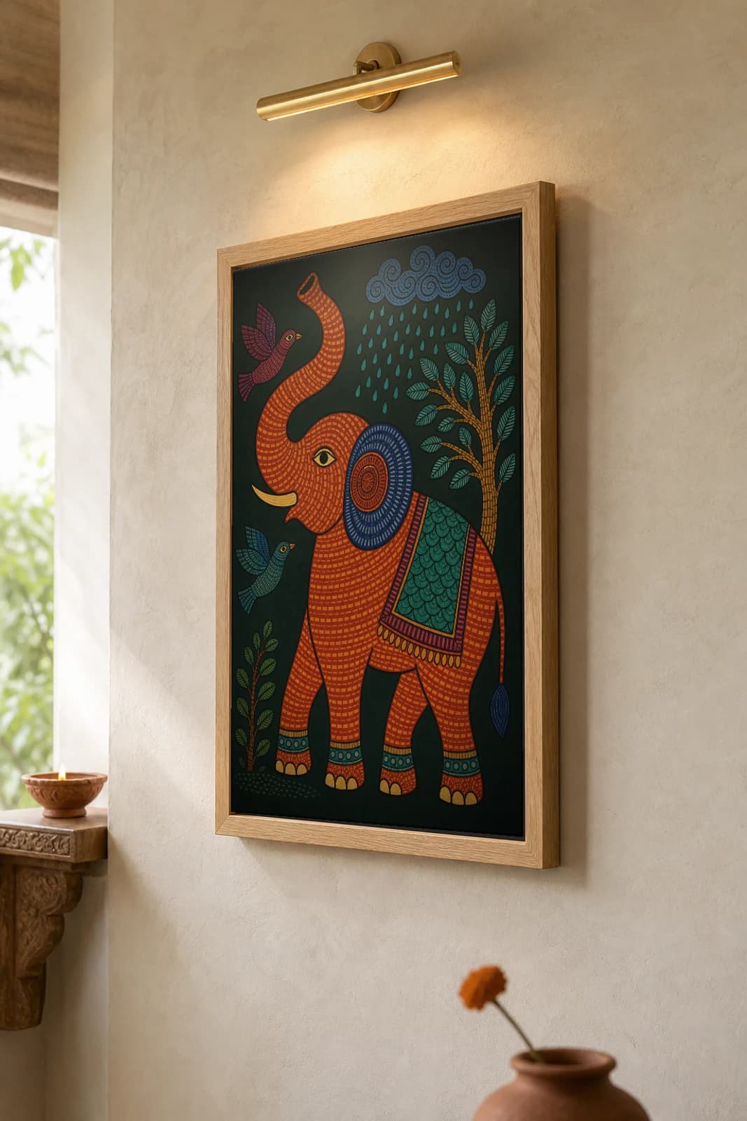 Trunk-Up Elephant Gond Art Print — Pradhan Gond Jangarh Kalam folk art · collector A2 · Madhya Pradesh elephant raising its trunk to a rain cloud — the framed print shown at a three-quarter angle on a styled gallery wall in a natural-oak frame