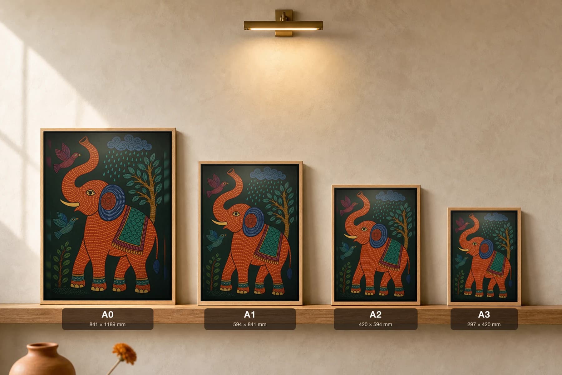 Trunk-Up Elephant Gond Art Print — Pradhan Gond Jangarh Kalam folk art · collector A2 · Madhya Pradesh elephant raising its trunk to a rain cloud — print size guide showing the artwork at A0, A1, A2 and A3 in natural-oak frames at true relative scale