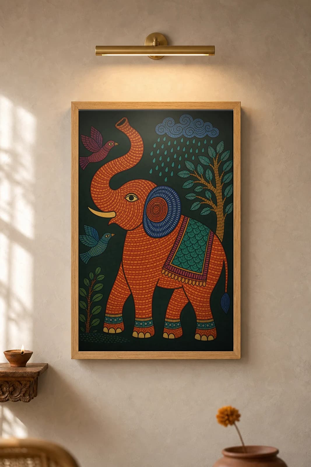 Trunk-Up Elephant — framed museum print, Gond