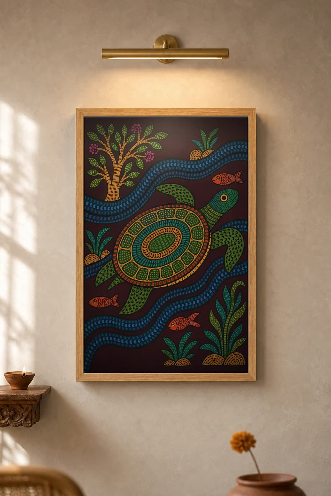 Turtle in the Current — framed museum print, Gond