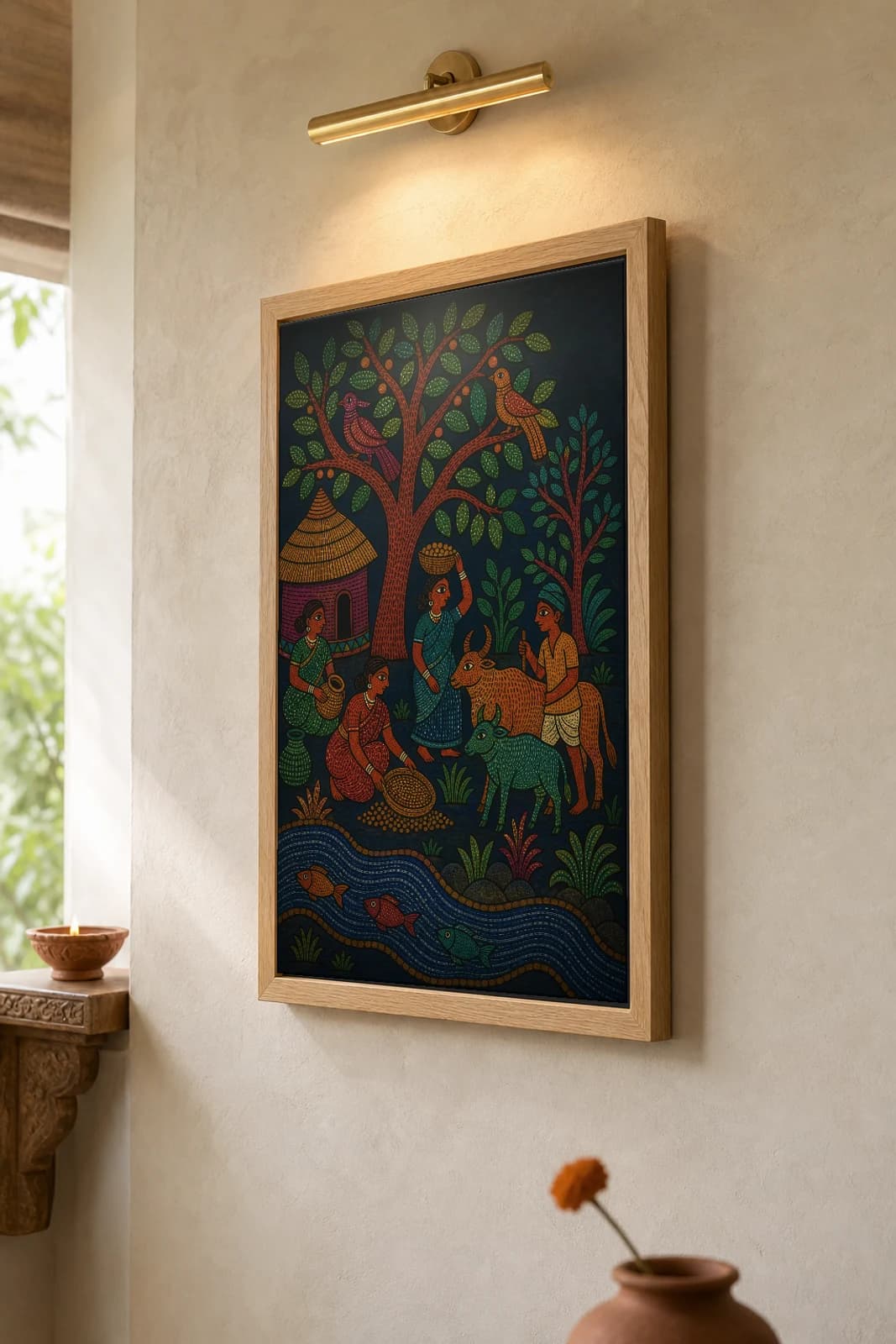 Village of the Forest Gond Art Print — Pradhan Gond Jangarh Kalam folk art · collector A2 · Madhya Pradesh village day by the river — the framed print shown at a three-quarter angle on a styled gallery wall in a natural-oak frame