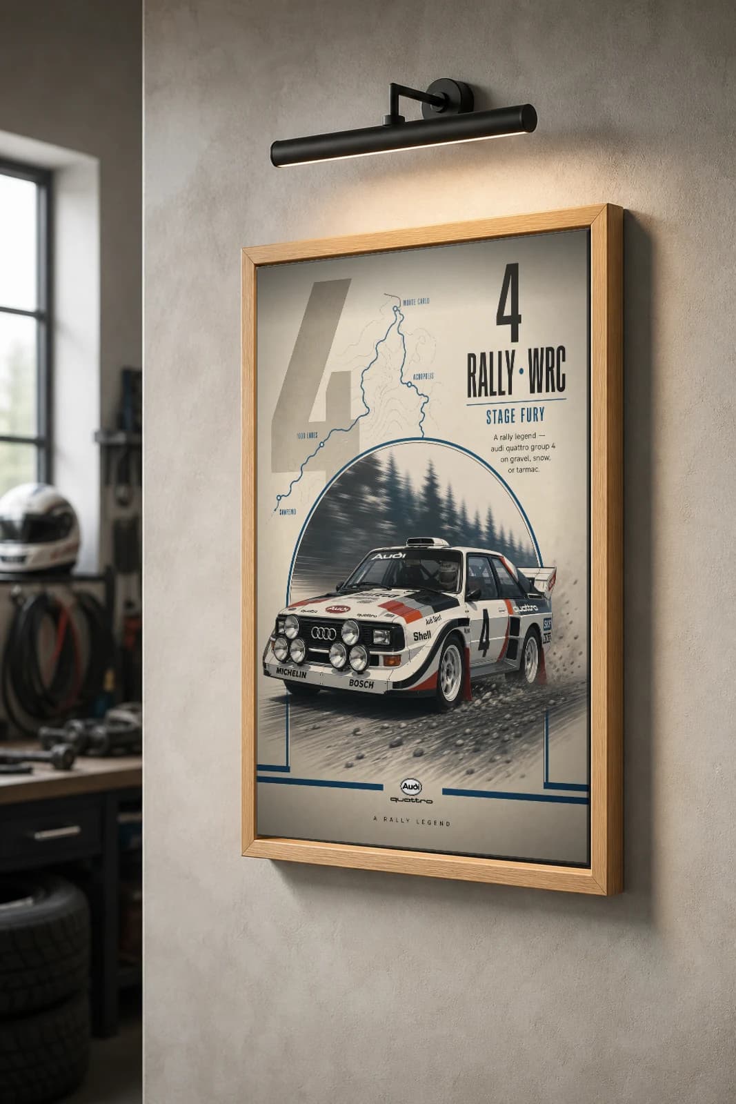 Audi Sport Quattro Poster — 1983 Group B / WRC Rally Wall Art · framed A2 — the framed print shown at a three-quarter angle on a styled gallery wall in a natural-oak frame