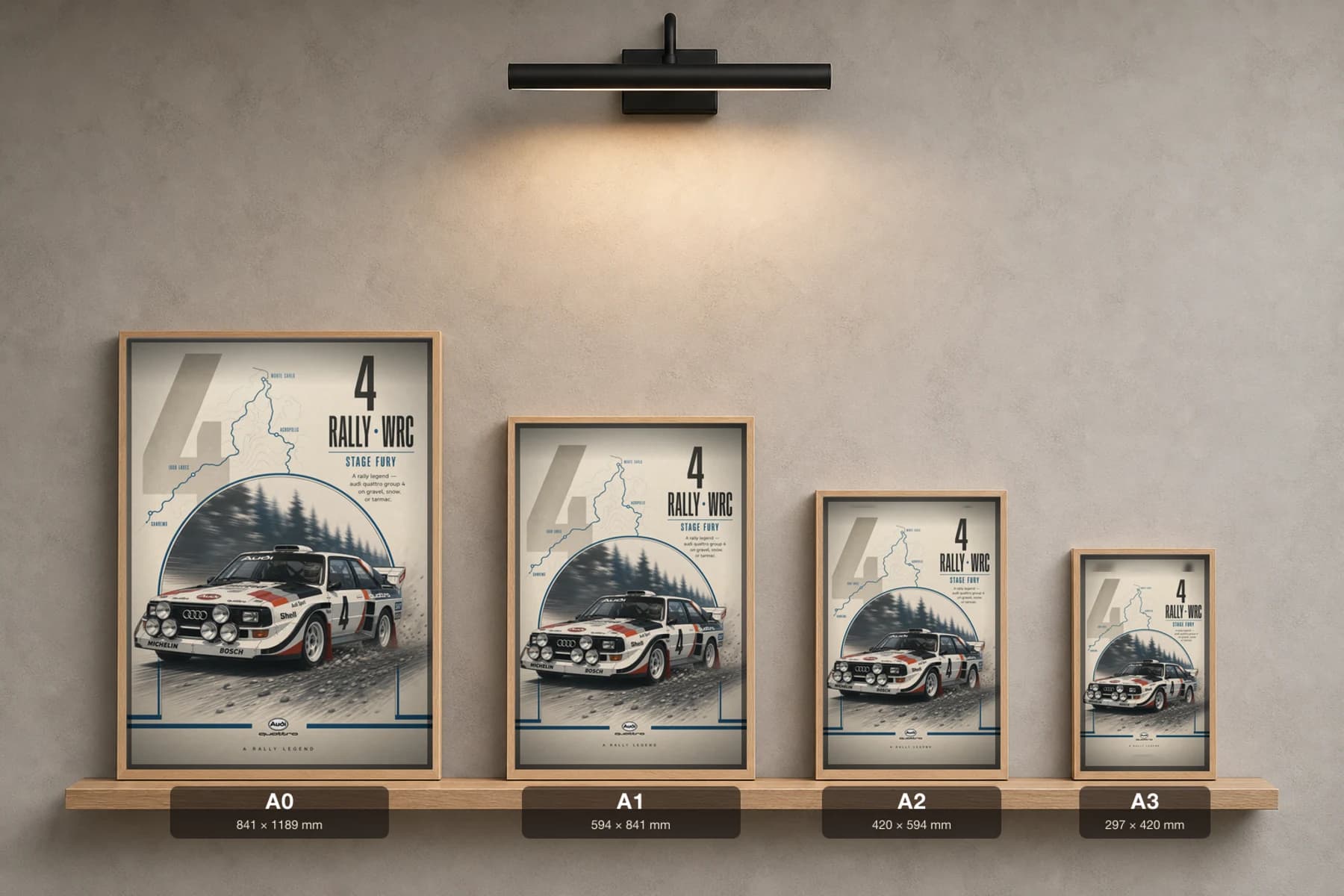 Audi Sport Quattro Poster — 1983 Group B / WRC Rally Wall Art · framed A2 — print size guide showing the artwork at A0, A1, A2 and A3 in natural-oak frames at true relative scale