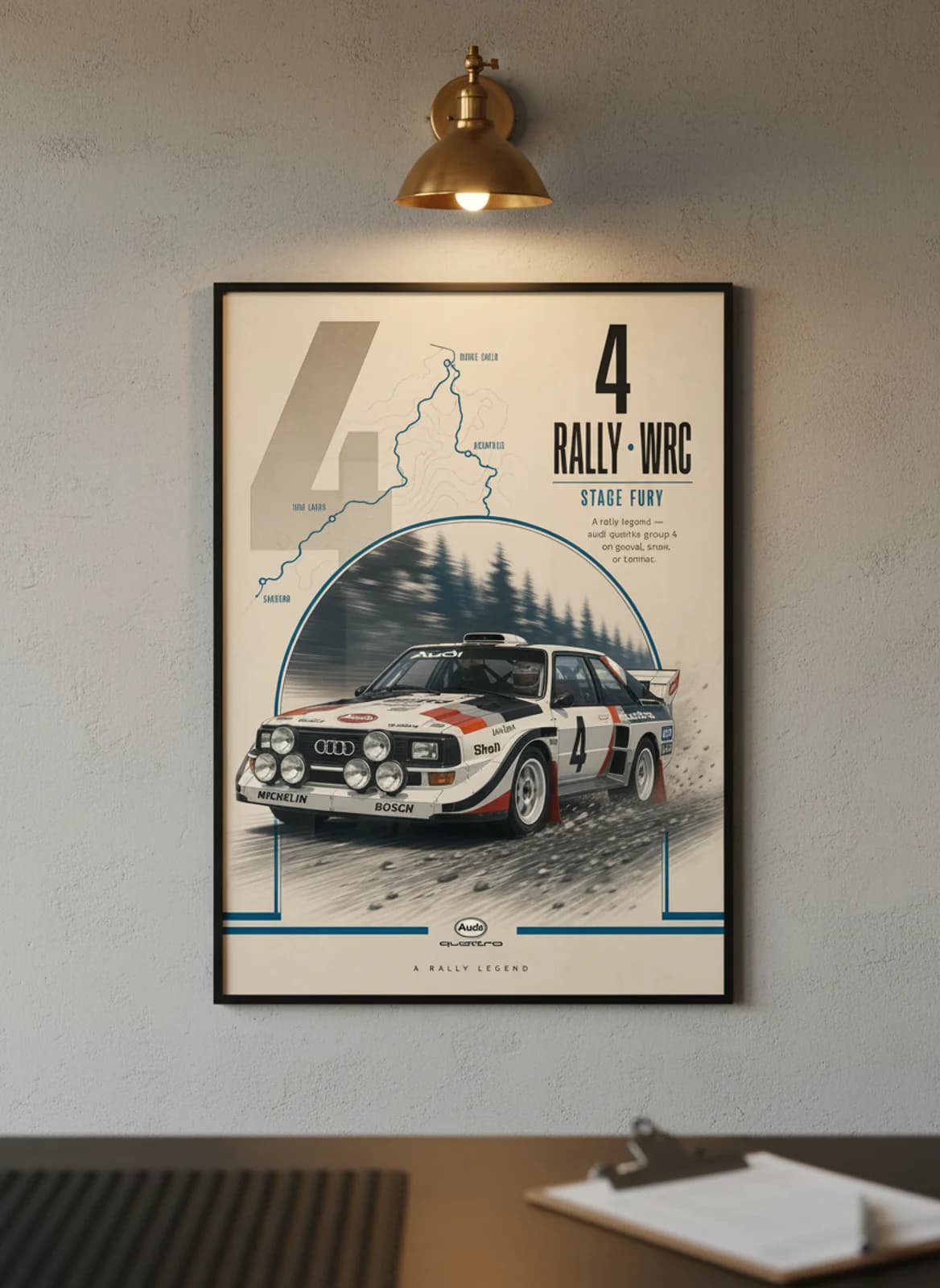 Audi Quattro Group 4 Group B rally print in black A2 frame on warm-cream-newsprint warm-graphite wall — Group B WEC mockup