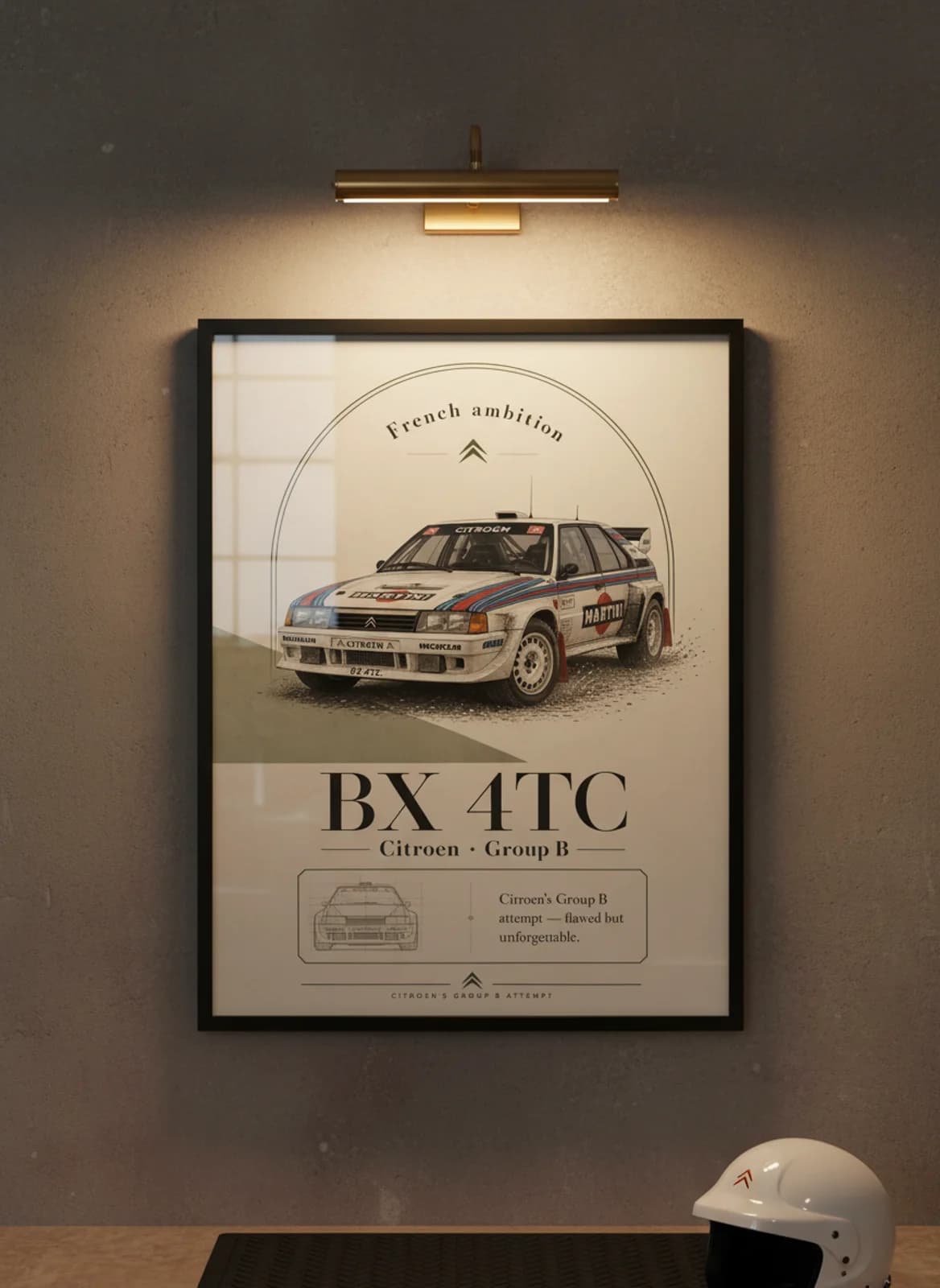 BX 4TC Group B rally print in black A2 frame on warm-off-white-newsprint warm-graphite wall — Group B WEC mockup