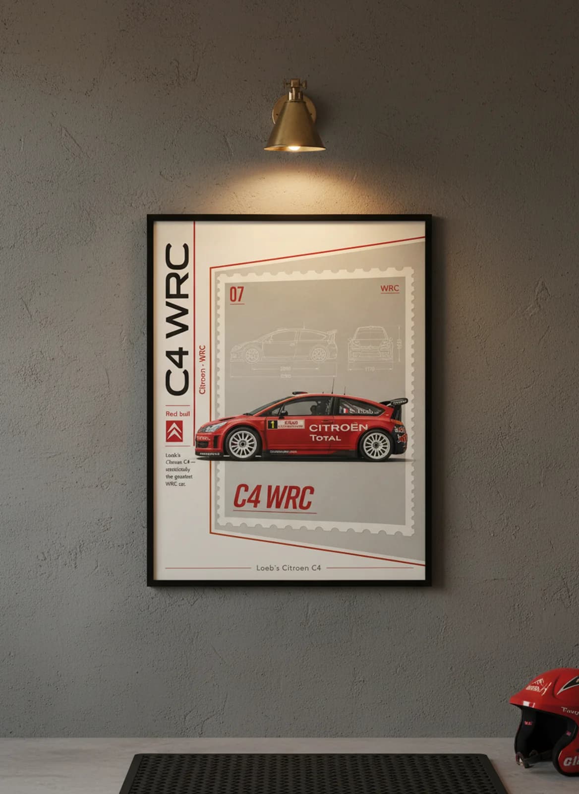 Citroën C4 WRC Group B rally print in black A2 frame on warm-off-white-newsprint warm-graphite wall — Group B WEC mockup