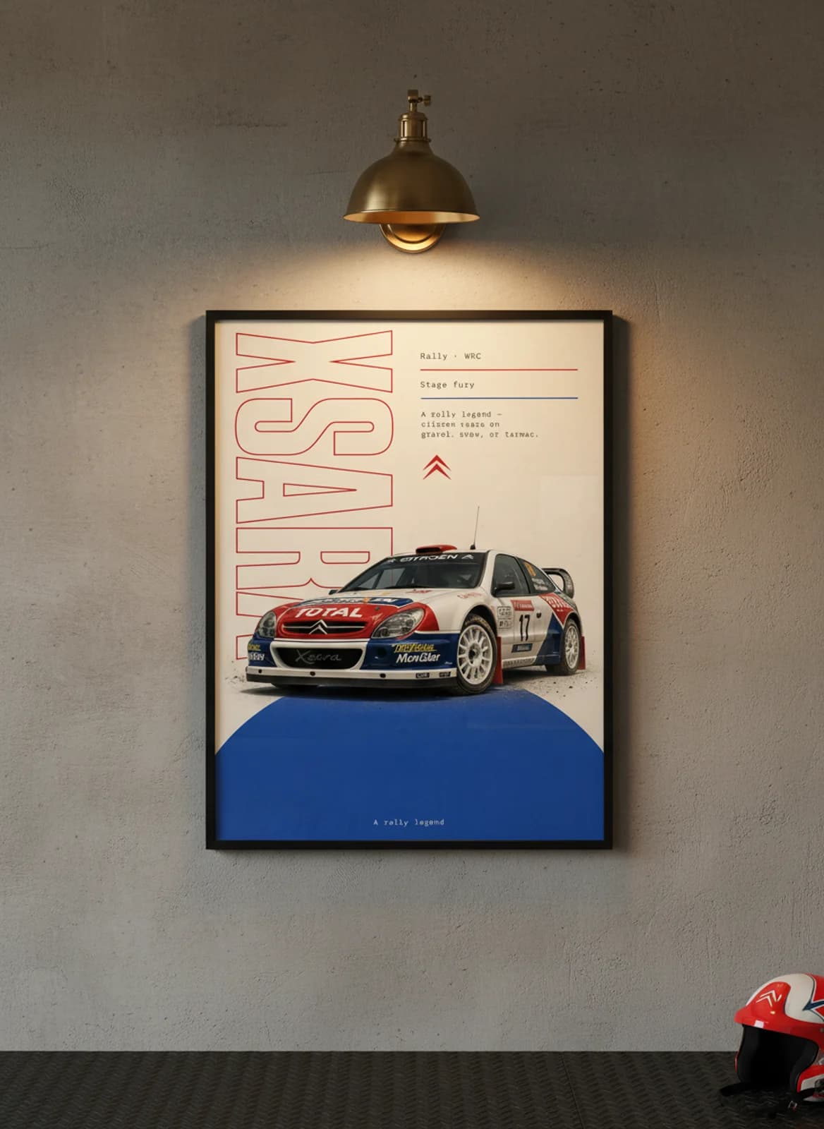 Citroën Xsara WRC Group B rally print in black A2 frame on warm-off-white-newsprint warm-graphite wall — Group B WEC mockup