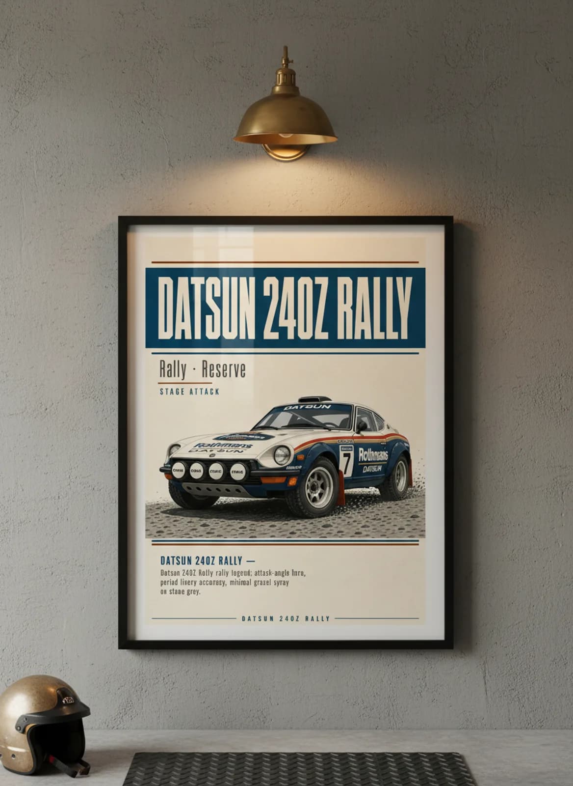Datsun 240Z Rally Group B rally print in black A2 frame on light-beige-newsprint warm-graphite wall — Group B WEC mockup
