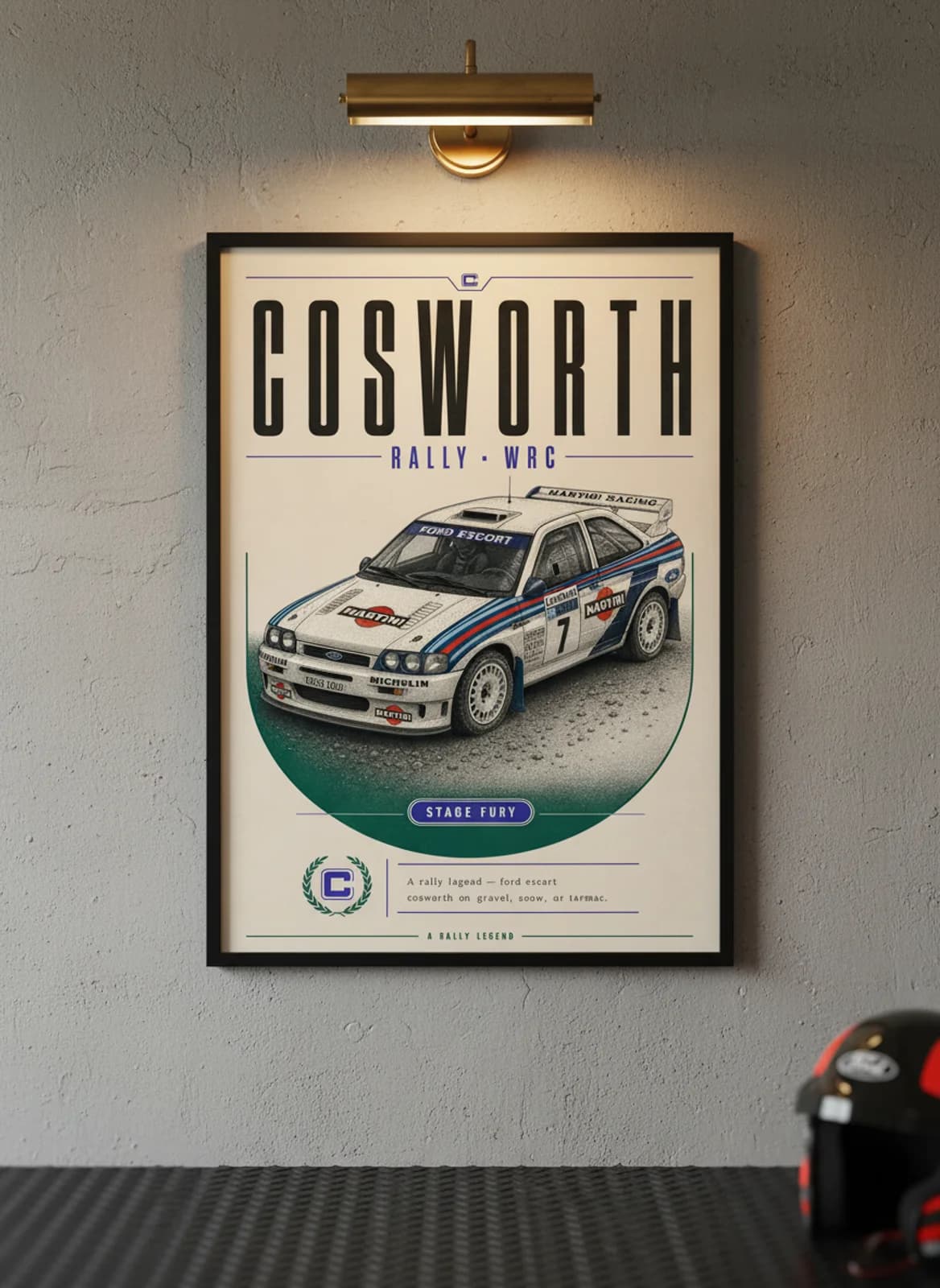 Ford Escort Cosworth Group B rally print in black A2 frame on warm-cream-newsprint warm-graphite wall — Group B WEC mockup