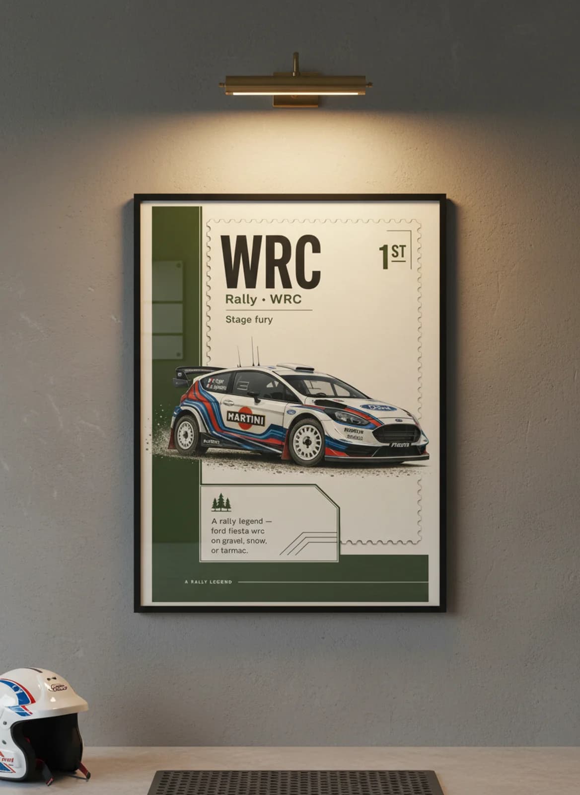 Ford Fiesta WRC Group B rally print in black A2 frame on warm-cream-newsprint warm-graphite wall — Group B WEC mockup