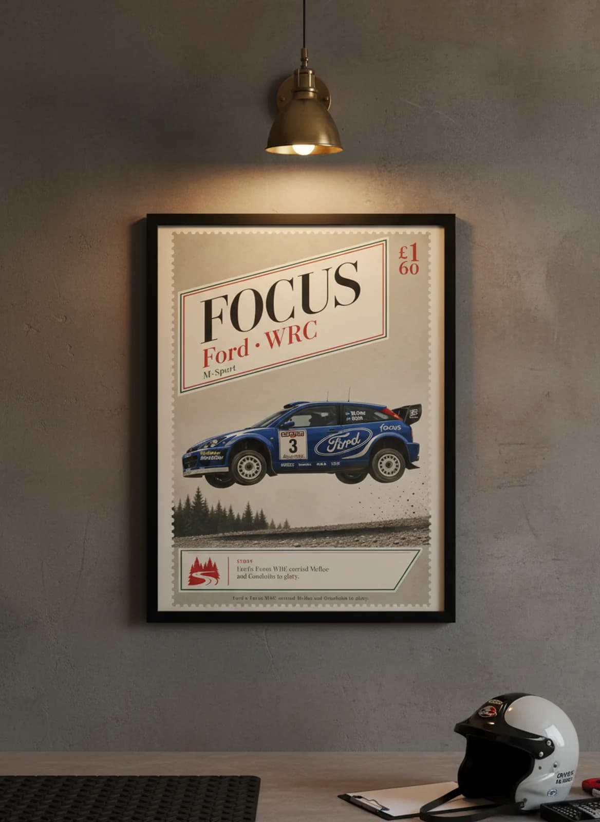 Ford Focus WRC Group B rally print in black A2 frame on warm-newsprint-paper warm-graphite wall — Group B WEC mockup