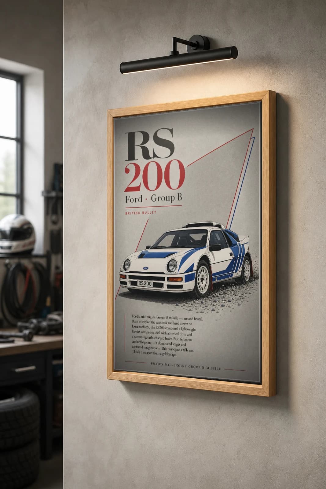 Ford RS200 Poster — 1986 Group B / WRC Rally Wall Art · framed A2 — the framed print shown at a three-quarter angle on a styled gallery wall in a natural-oak frame