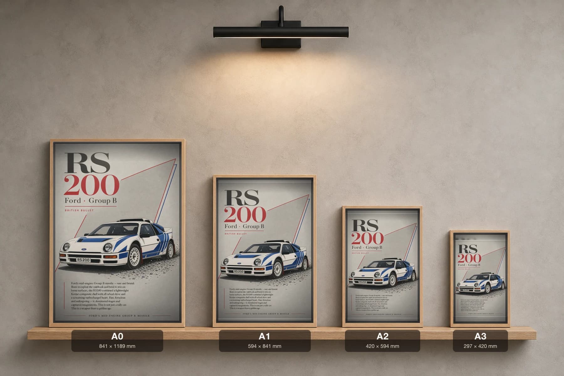 Ford RS200 Poster — 1986 Group B / WRC Rally Wall Art · framed A2 — print size guide showing the artwork at A0, A1, A2 and A3 in natural-oak frames at true relative scale